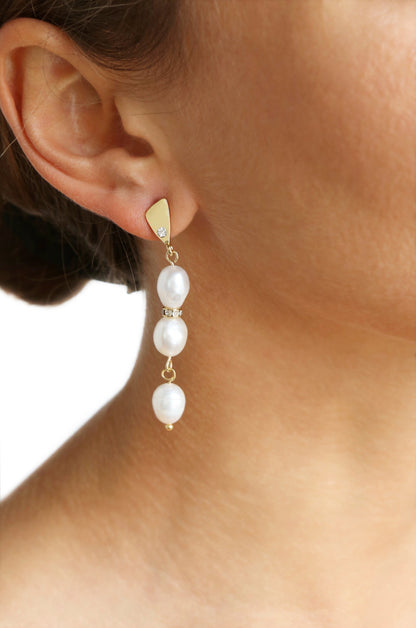 Drop Crystal & Pearl 18k Gold Plated Earrings on model