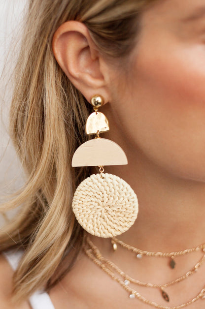 Geo Raffia and Cream Wood Drop 18k Gold Plated Earrings on model