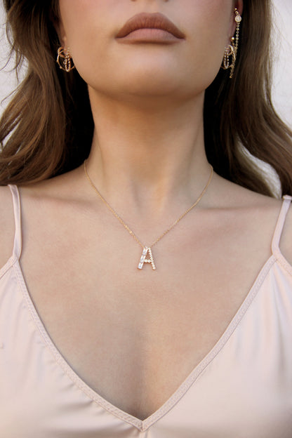 Layered Crystal Initial Pendant Necklace Bundle on model 1