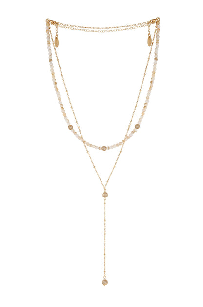 Shell Bead and Crystal Lariat 18k Gold Plated Necklace Set
