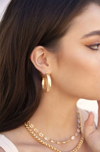 Thick and Minimal 18k Gold Plated Hoops on model