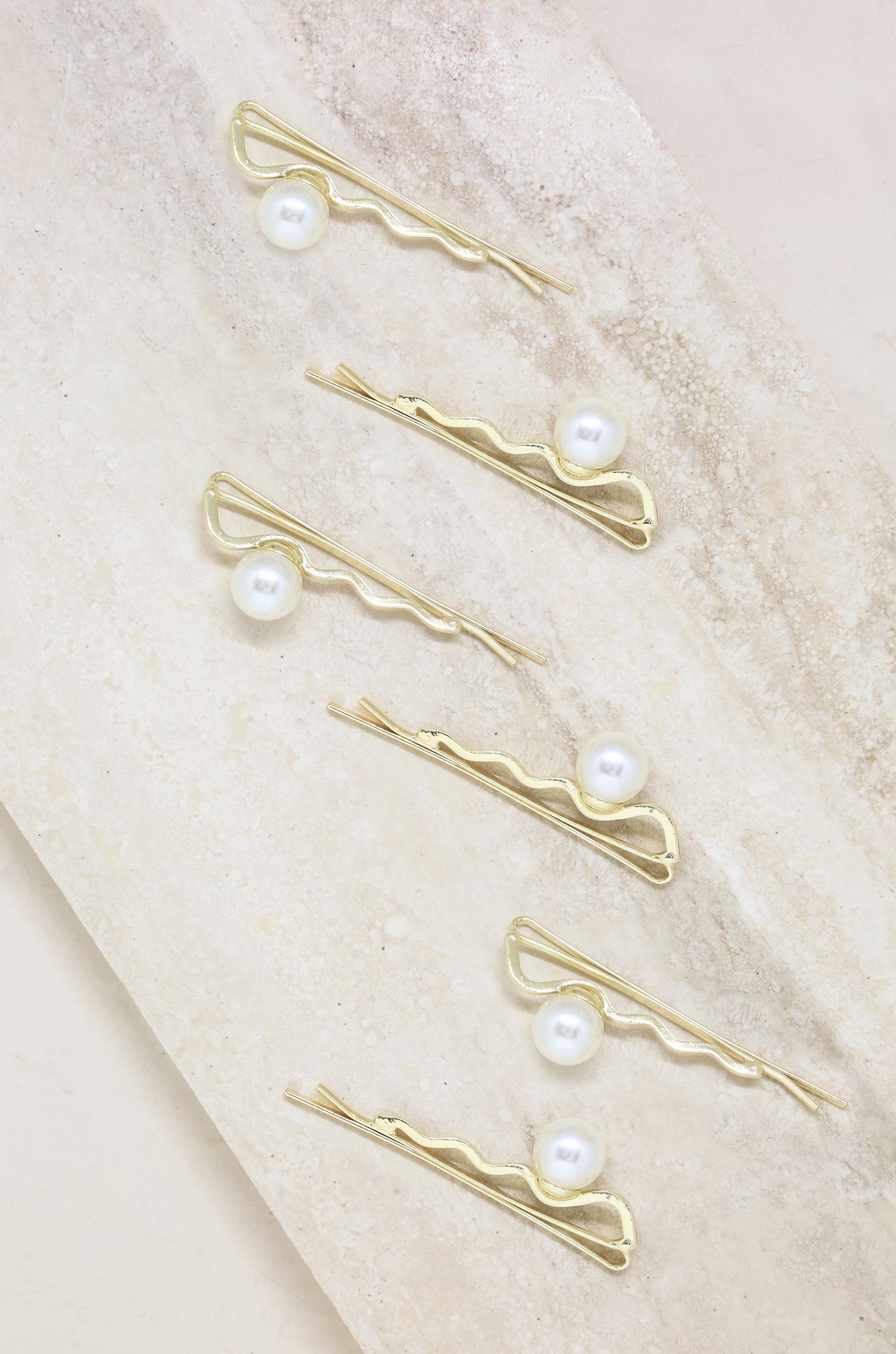 Zig Zag Pearl and Gold Hair Pin Set of 6 on slate