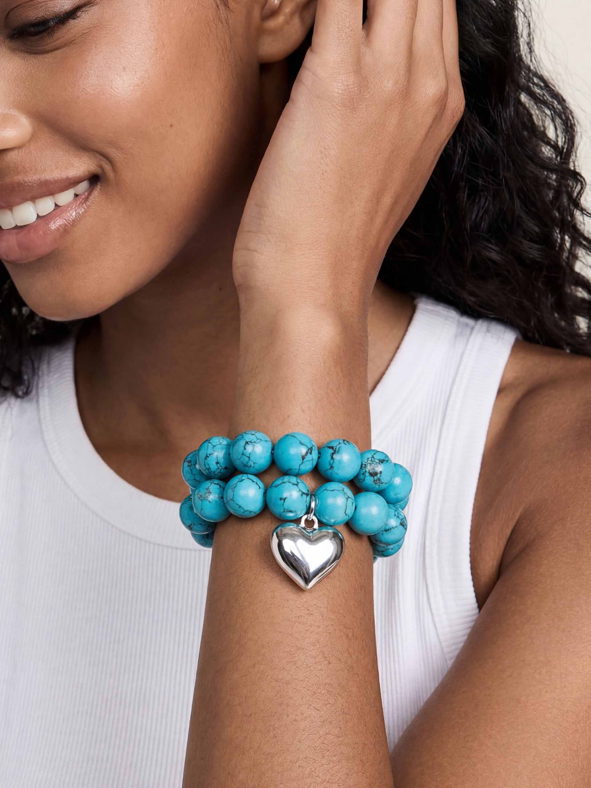 Luck and Love Turquoise Heart Bracelet Set Turquoise with Silver Plating on model 1