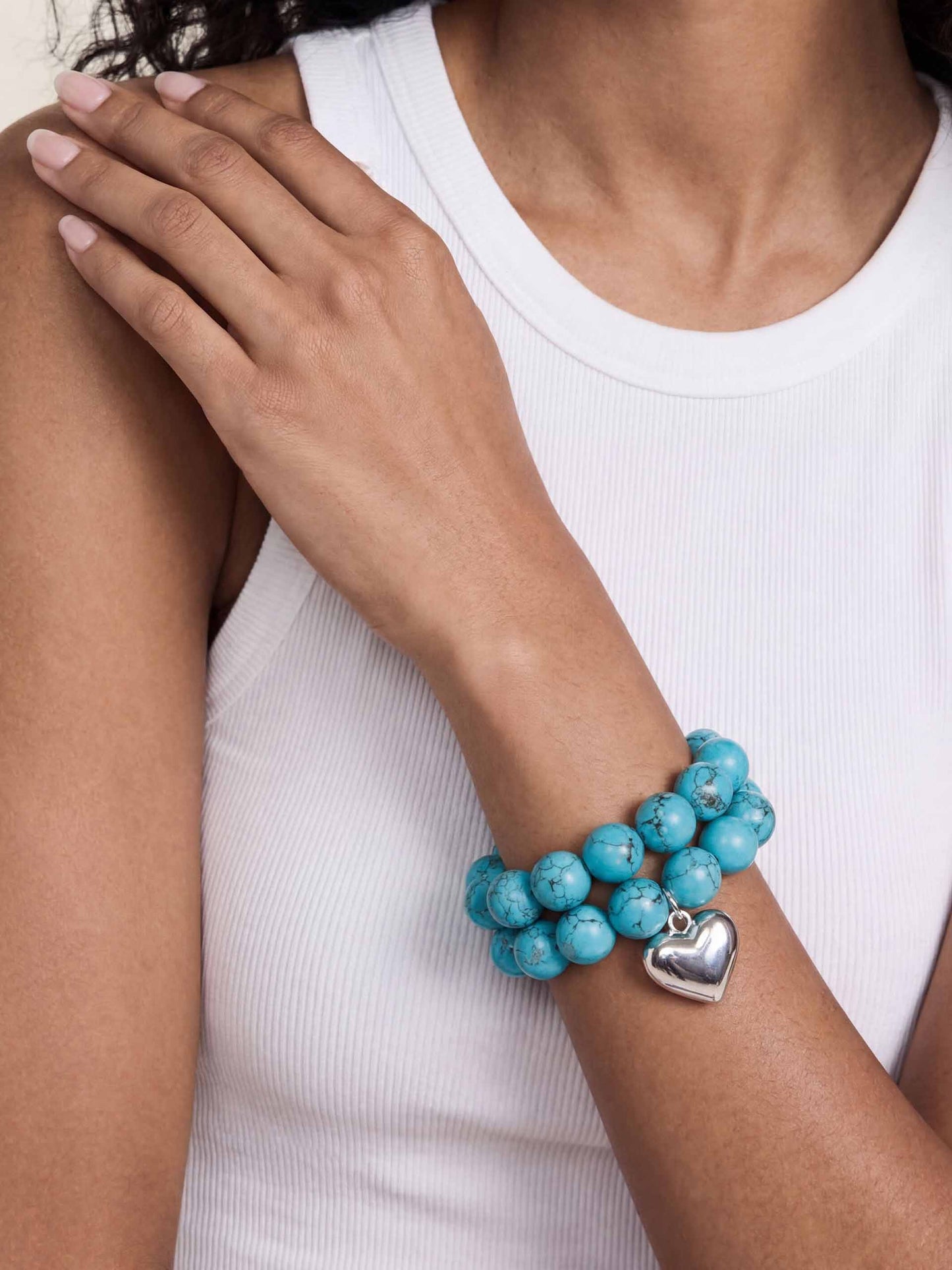Luck and Love Turquoise Heart Bracelet Set Turquoise with Silver Plating on model 2