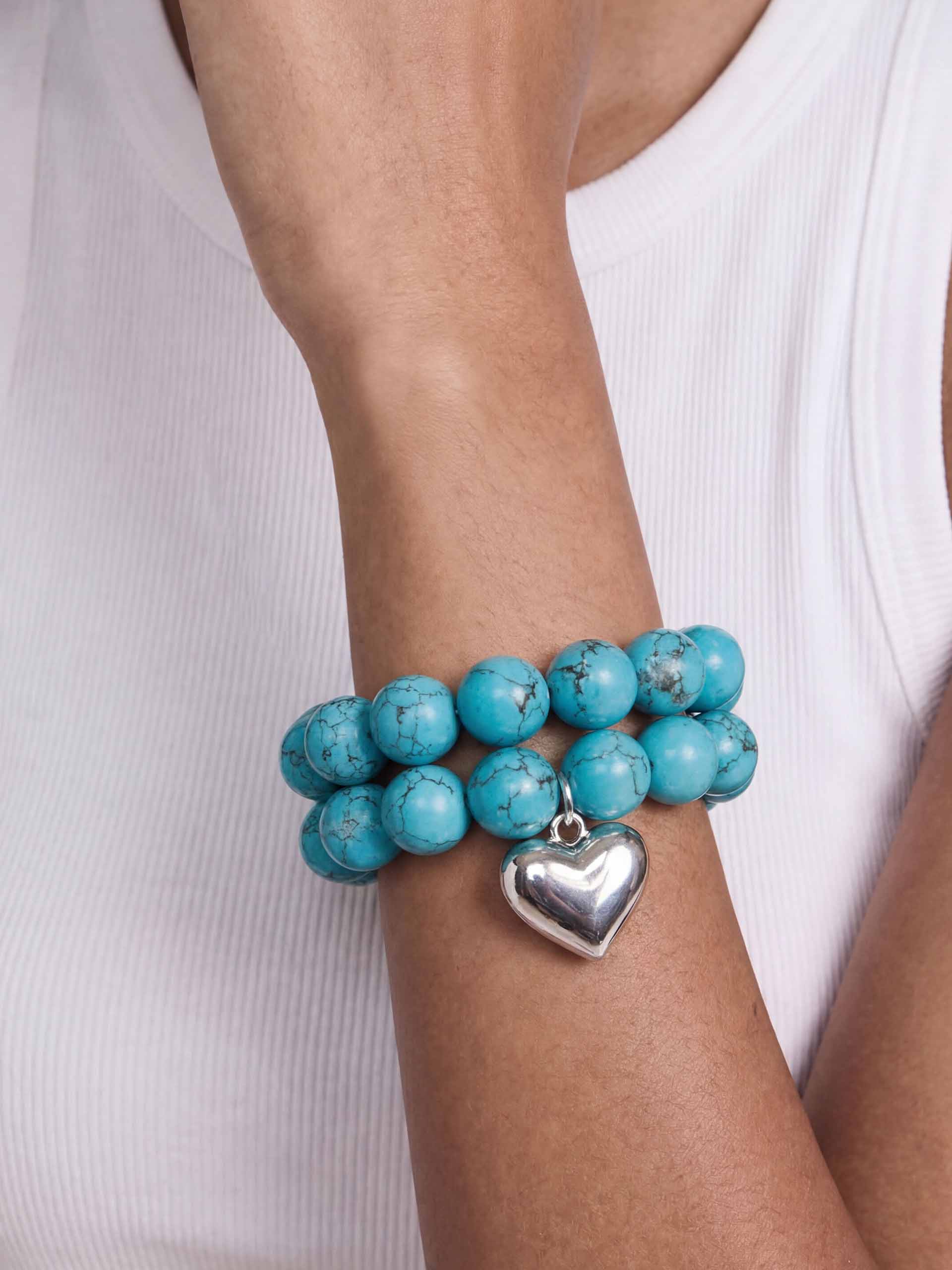 Luck and Love Turquoise Heart Bracelet Set Turquoise with Silver Plating on model 3