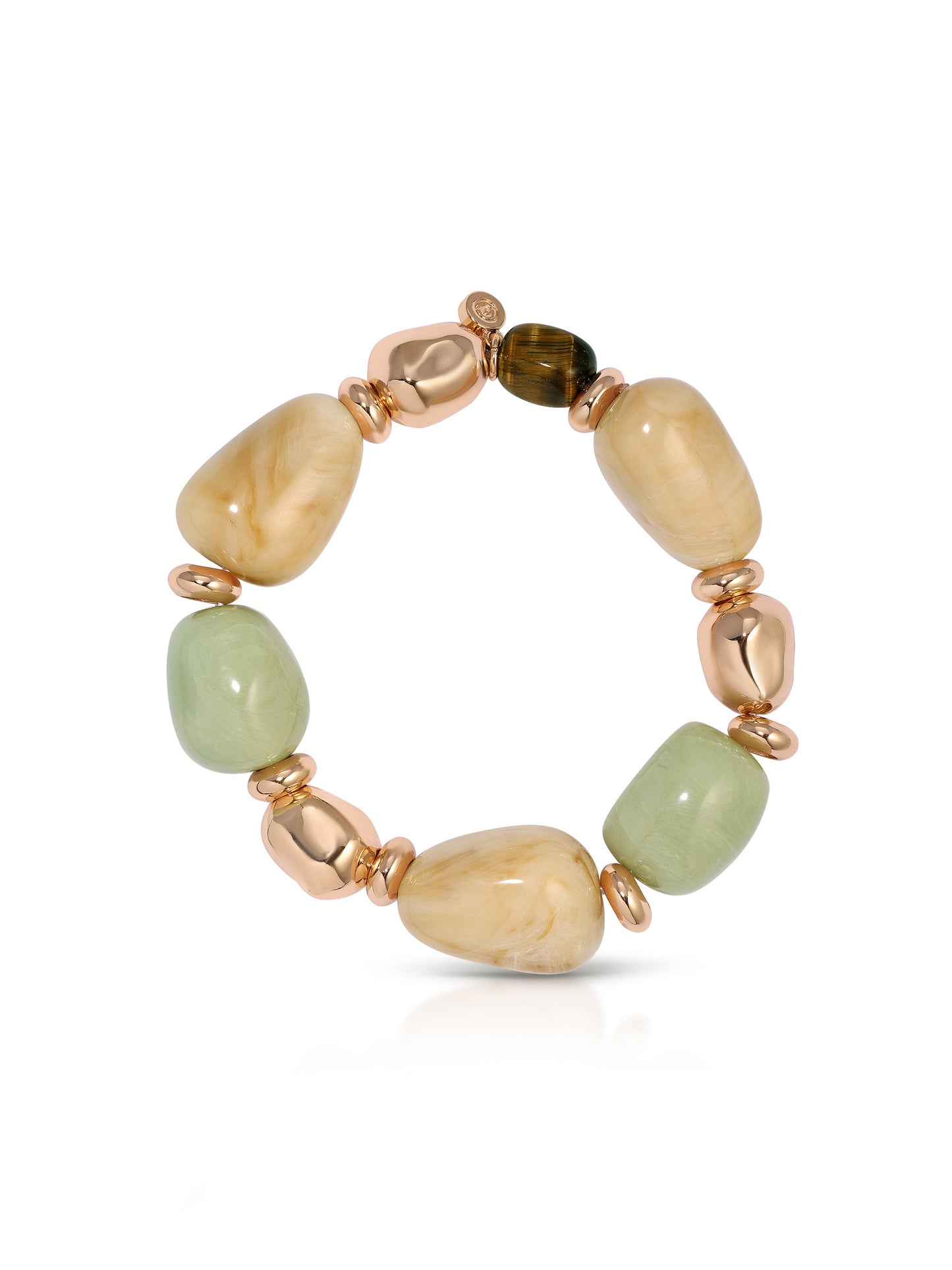 A beaded stretch bracelet featuring large, polished light green and cream-colored stone beads separated by shiny rose gold metallic spacer rings, shown on a clean white background.