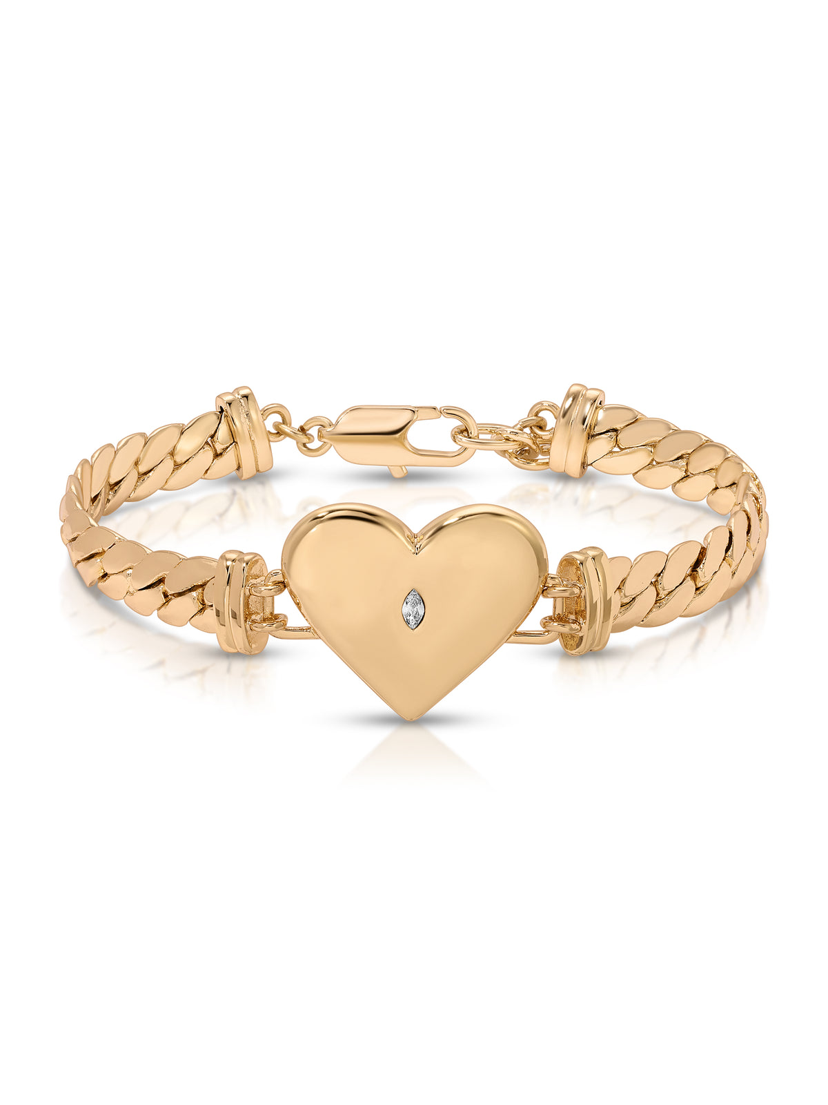 Gold heart charm bracelet with a polished heart pendant and tiny marquise crystal center, linked chain band, photographed on white; romantic, elegant tone.