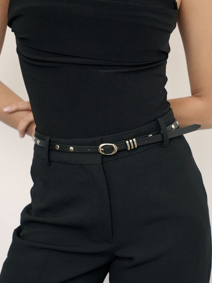 Classic Studded Skinny Belt in Black on model