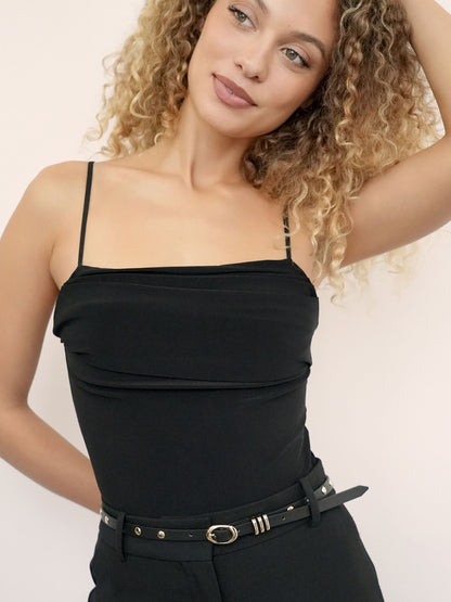 Classic Studded Skinny Belt in Black on model 3