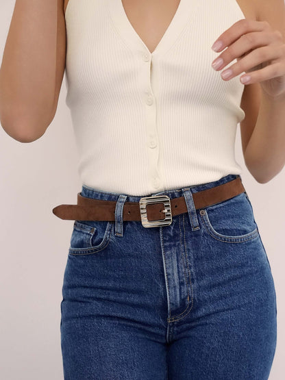 Timeless Texture Belt in Warm Truffle on model 4