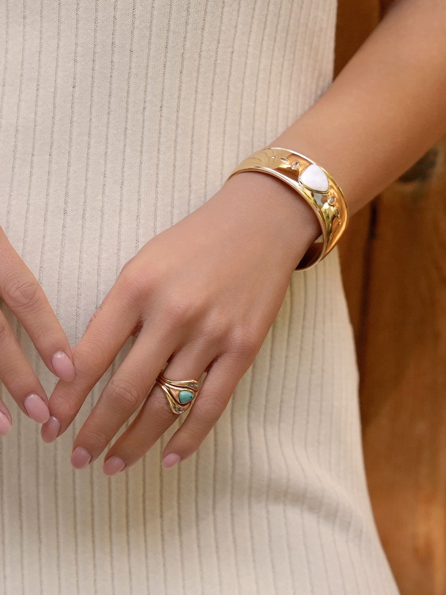 Solstice Thick Cuff in Bone Stone with 18k Gold Plating model 3