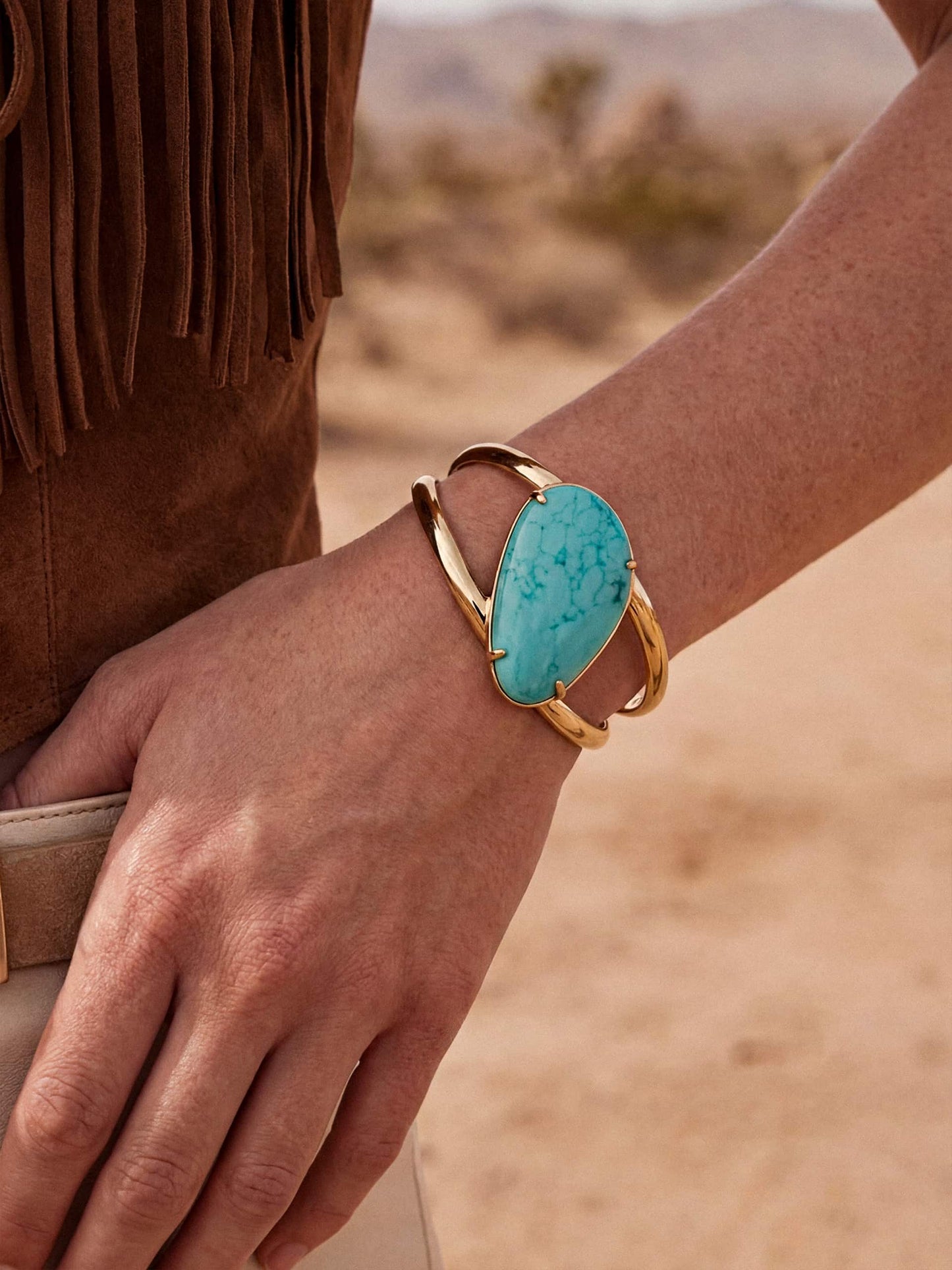 View of turquoise cuff bracelet on wrist