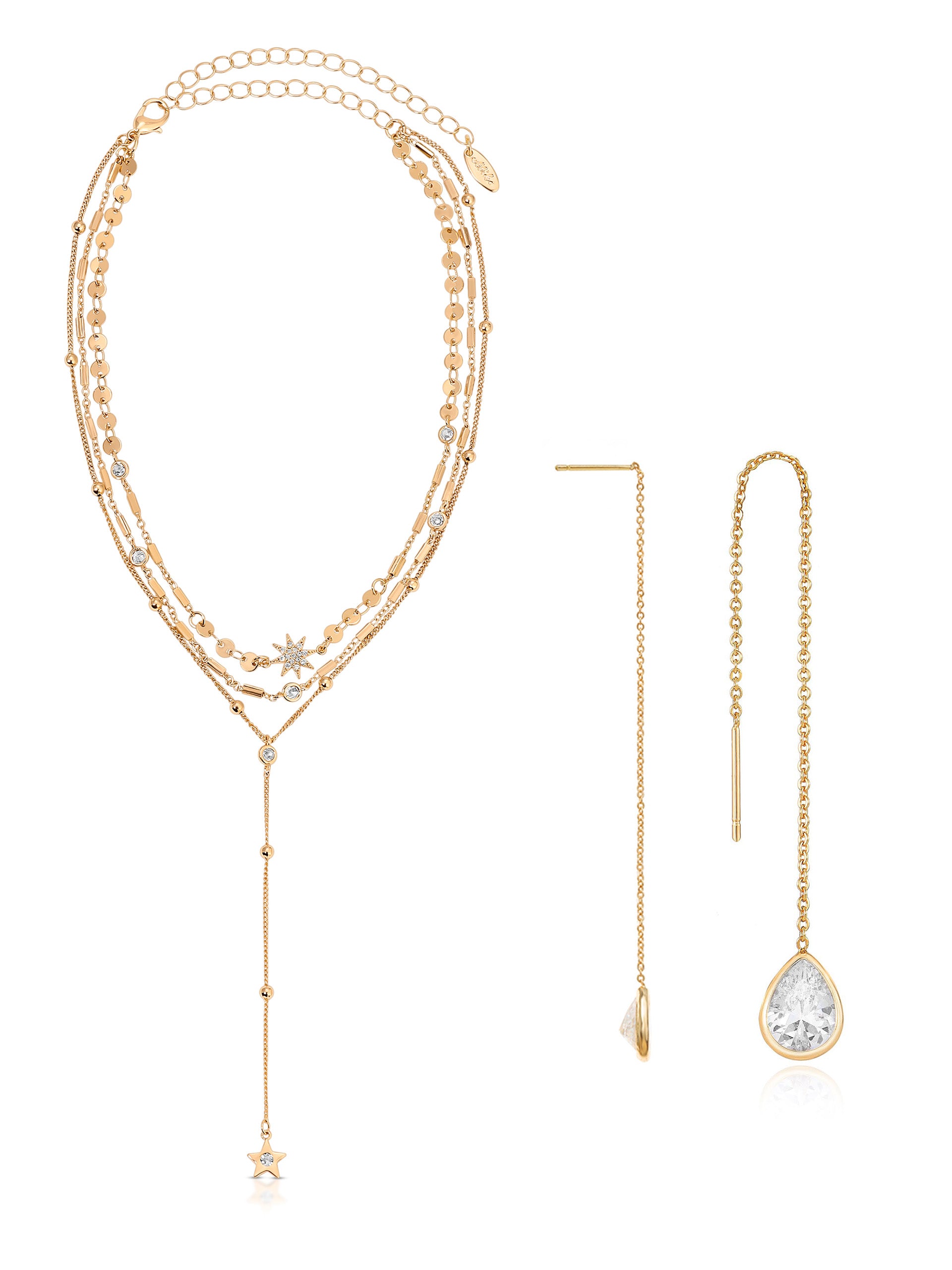 Multi-Chain Lariat Choker & Crystal Dangle Earrings Set