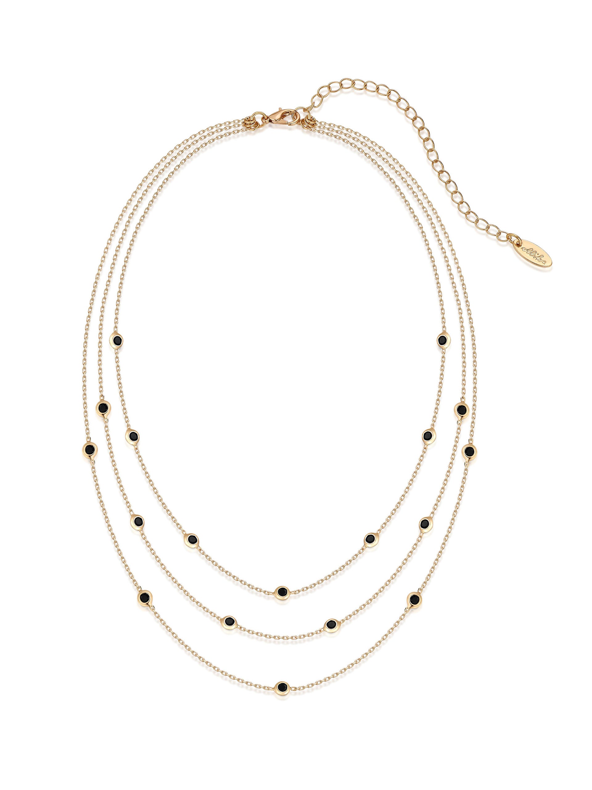 Crystal Dot Layered Necklace in Black Crystal with 18k Gold Plating