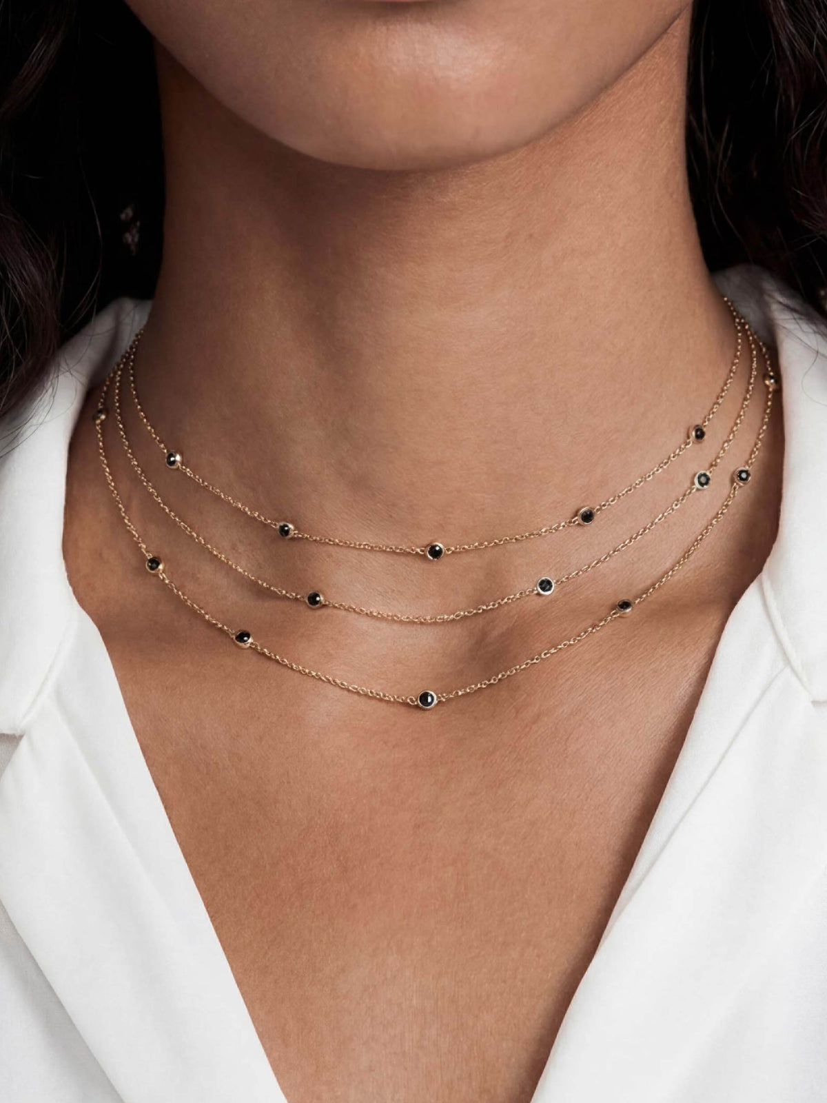 Crystal Dot Layered Necklace Black Crystal with 18k Gold Plating model 2