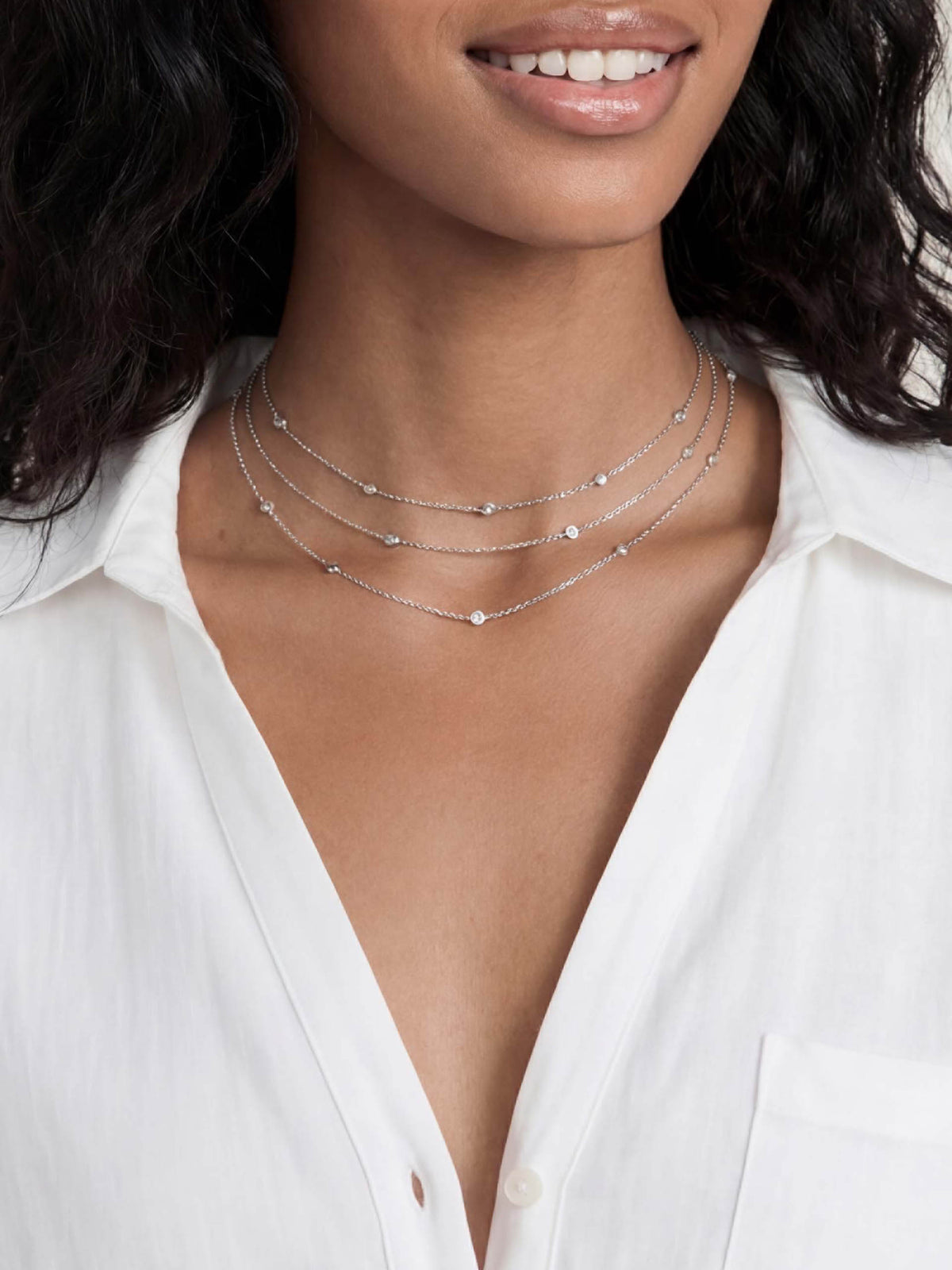Crystal Dot Layered Necklace 
Clear Crystal with Silver Plating model 1