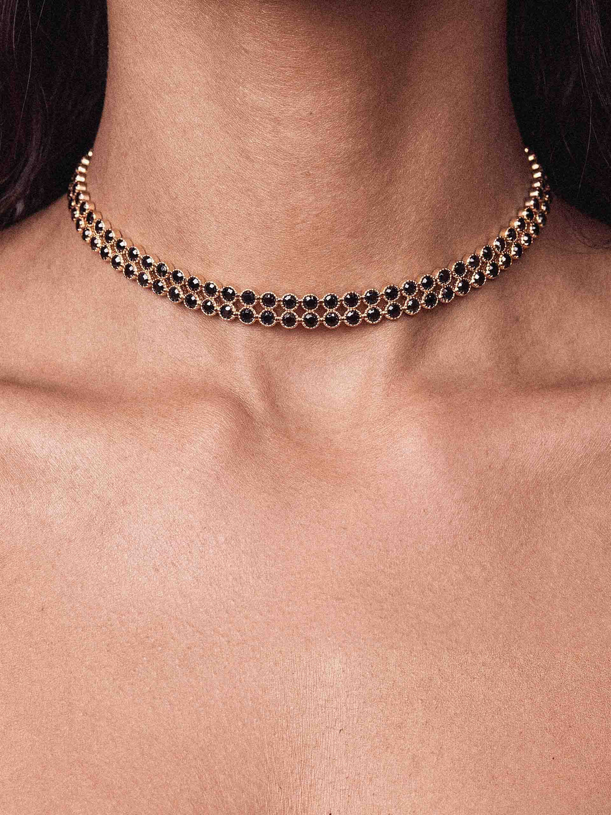Two Rows of Crystal Sparkle Choker Black Crystal with 18k Gold Plating model 1