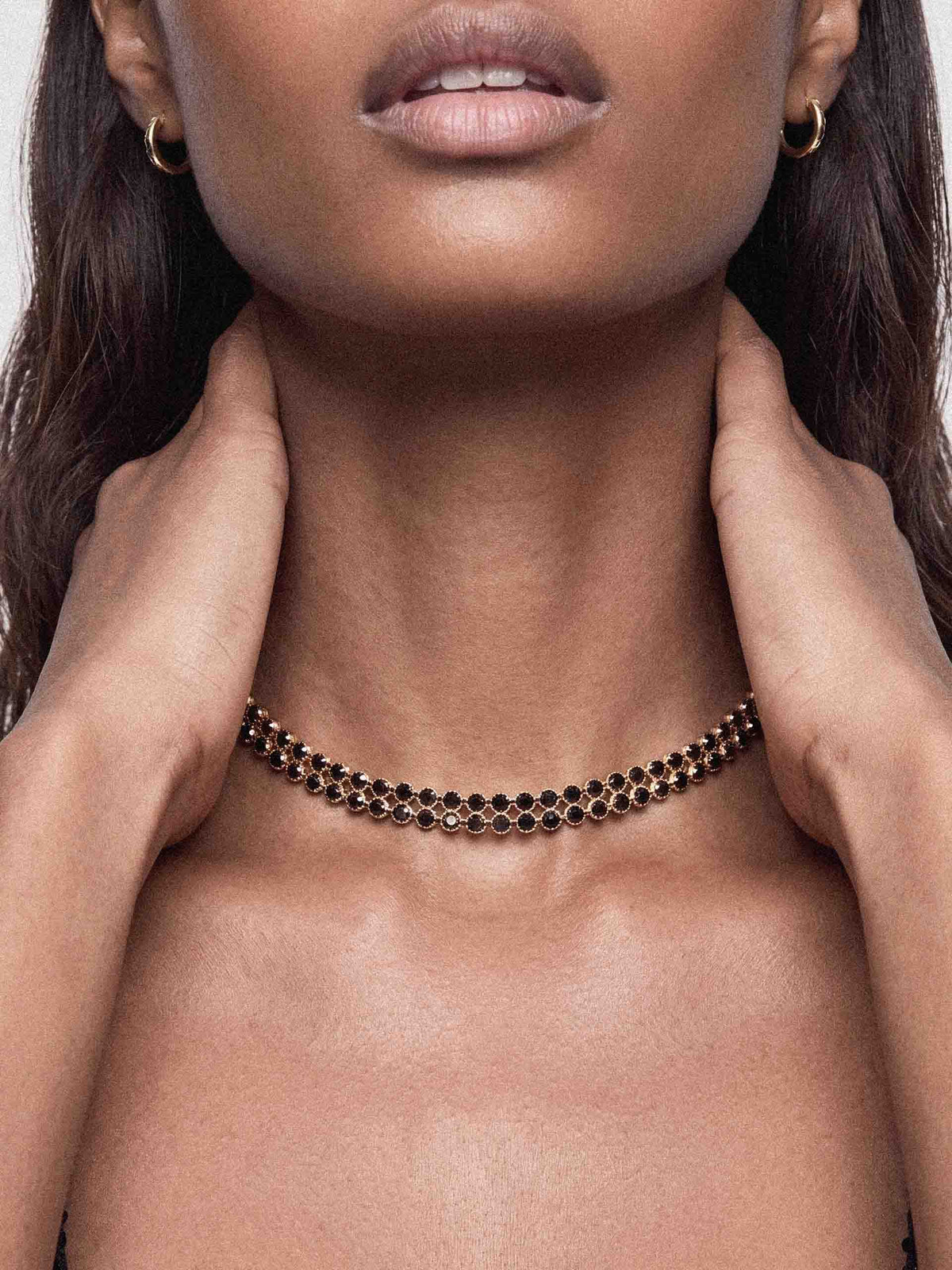 Two Rows of Crystal Sparkle Choker Black Crystal with 18k Gold Plating model 3