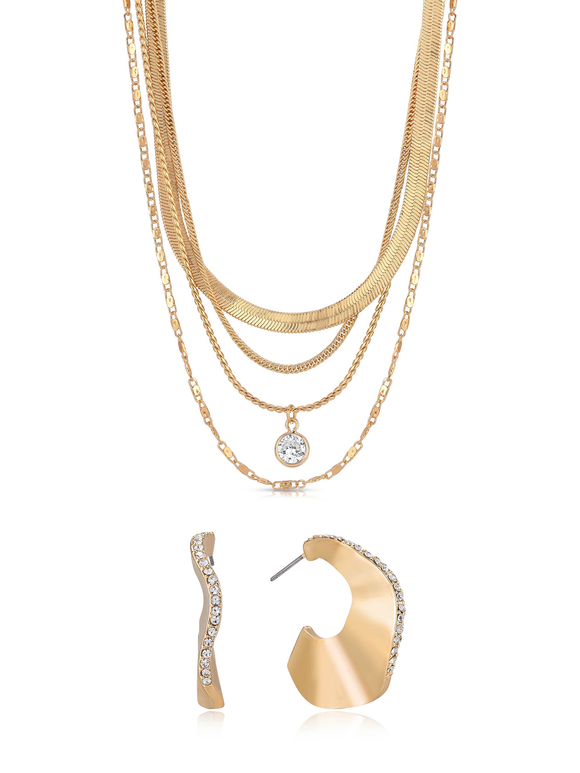 Layered Chain Necklace & Pavé Hoop Earrings Statement Set