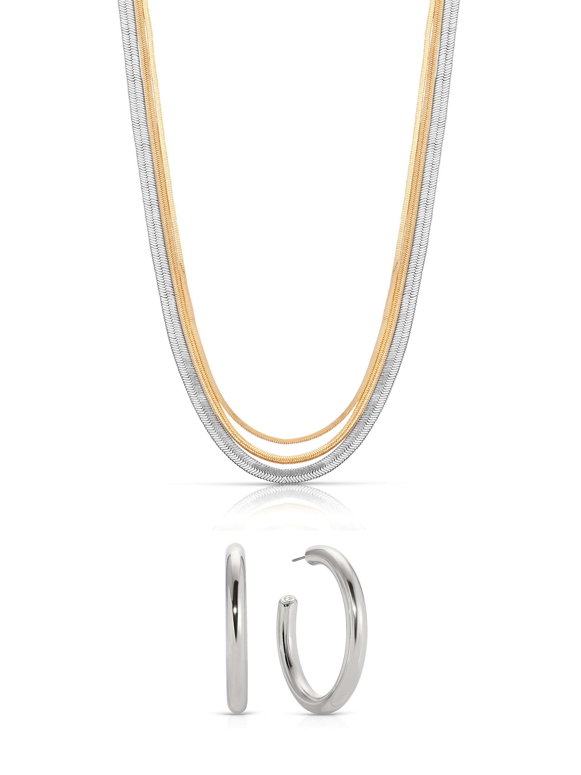 Classic Hoop Earrings & Mixed Metal Strands Necklace Set