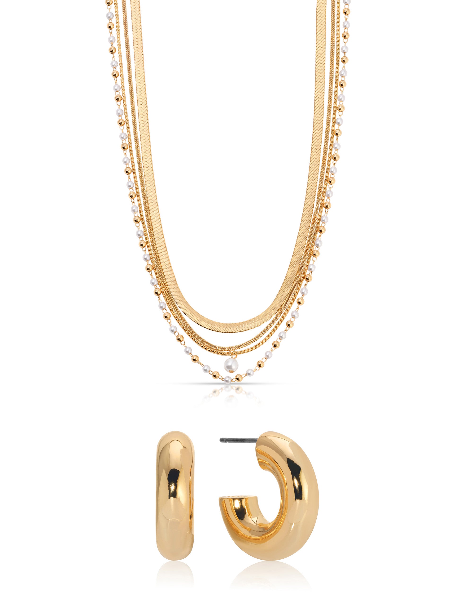 Mini Hoop Earrings & Pearl Layered Chain Necklace Set