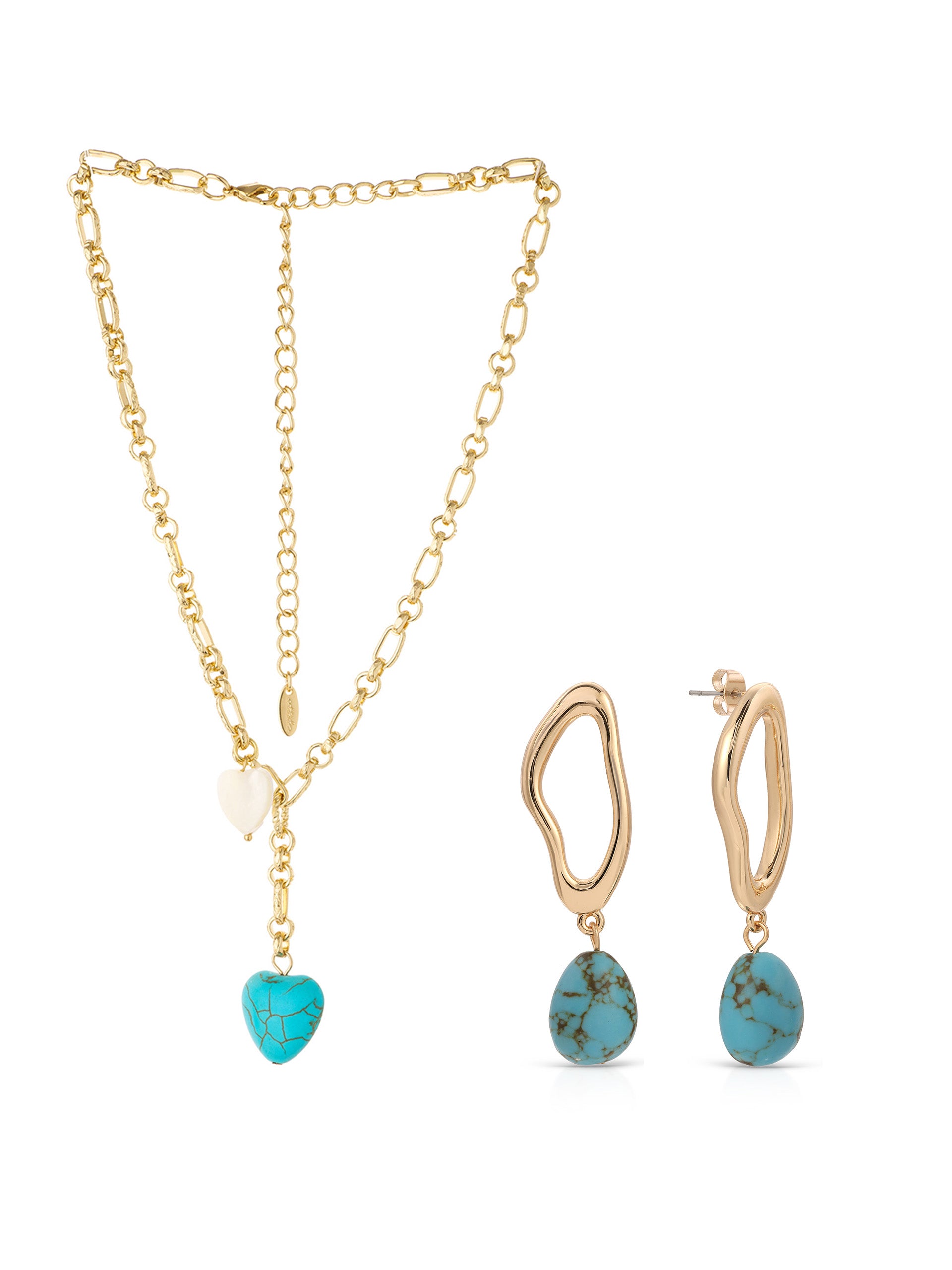 Turquoise Dangle Earrings & Heart Lariat Necklace Set
