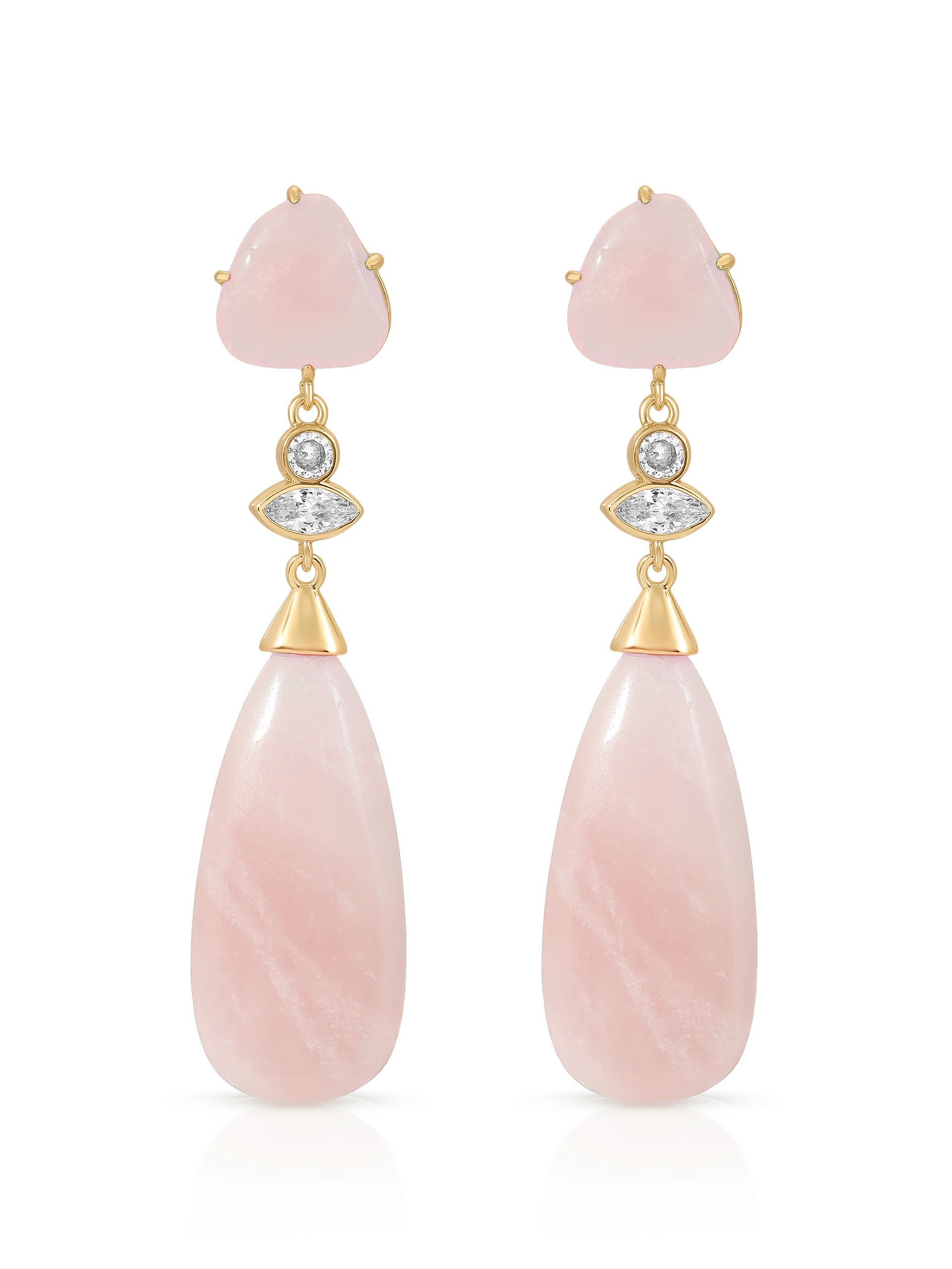 Pair of elegant gold-tone dangle earrings with pale pink rose quartz, sparkling clear stones, and long teardrop pendants against a white background.