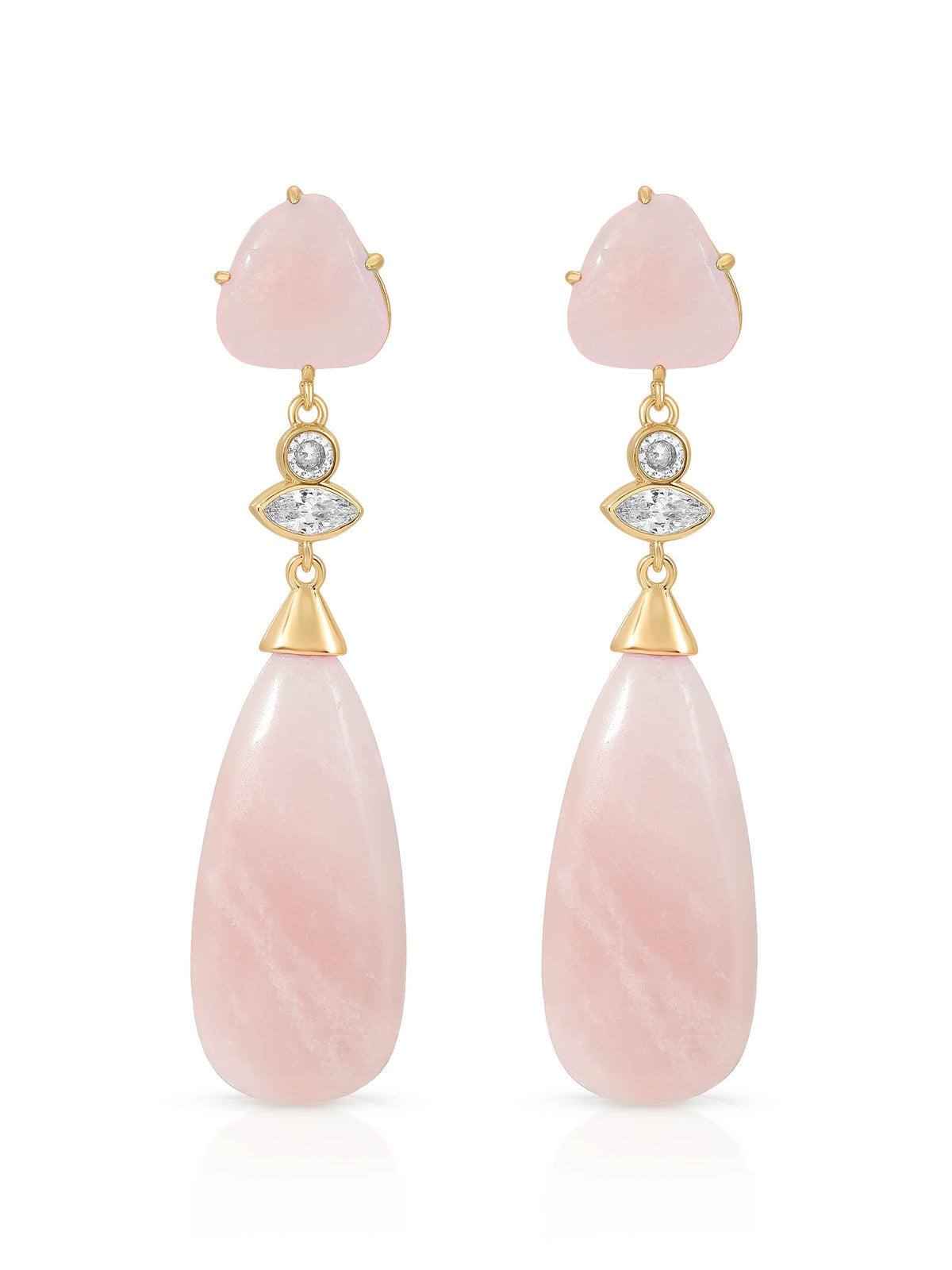 Pair of elegant gold-tone dangle earrings with pale pink rose quartz, sparkling clear stones, and long teardrop pendants against a white background.