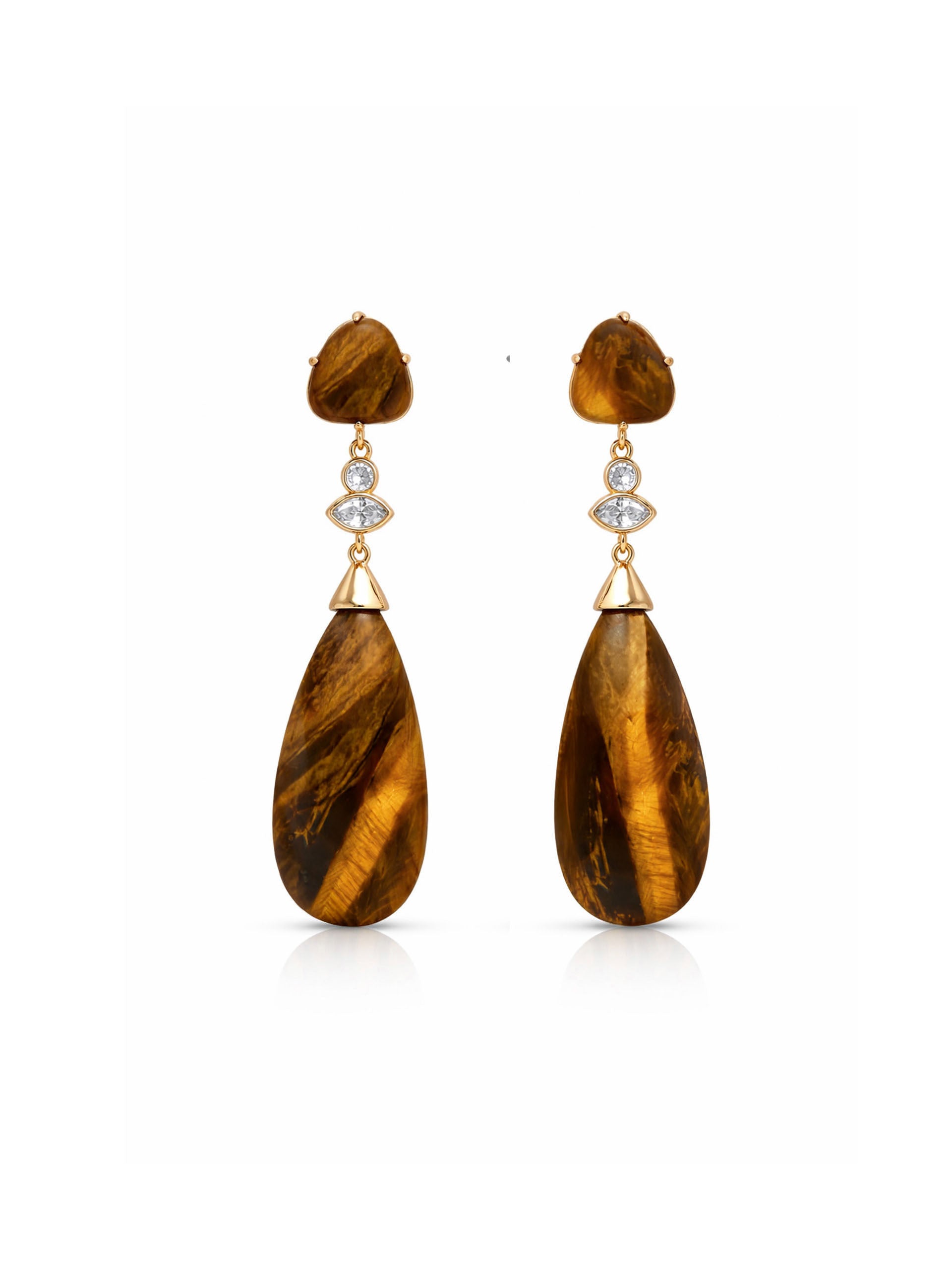 A pair of gold drop earrings featuring large teardrop-shaped tiger's eye stones with brown and gold banded patterns, accented by small clear gemstones in a diamond shape below a smaller round tiger's eye stone.