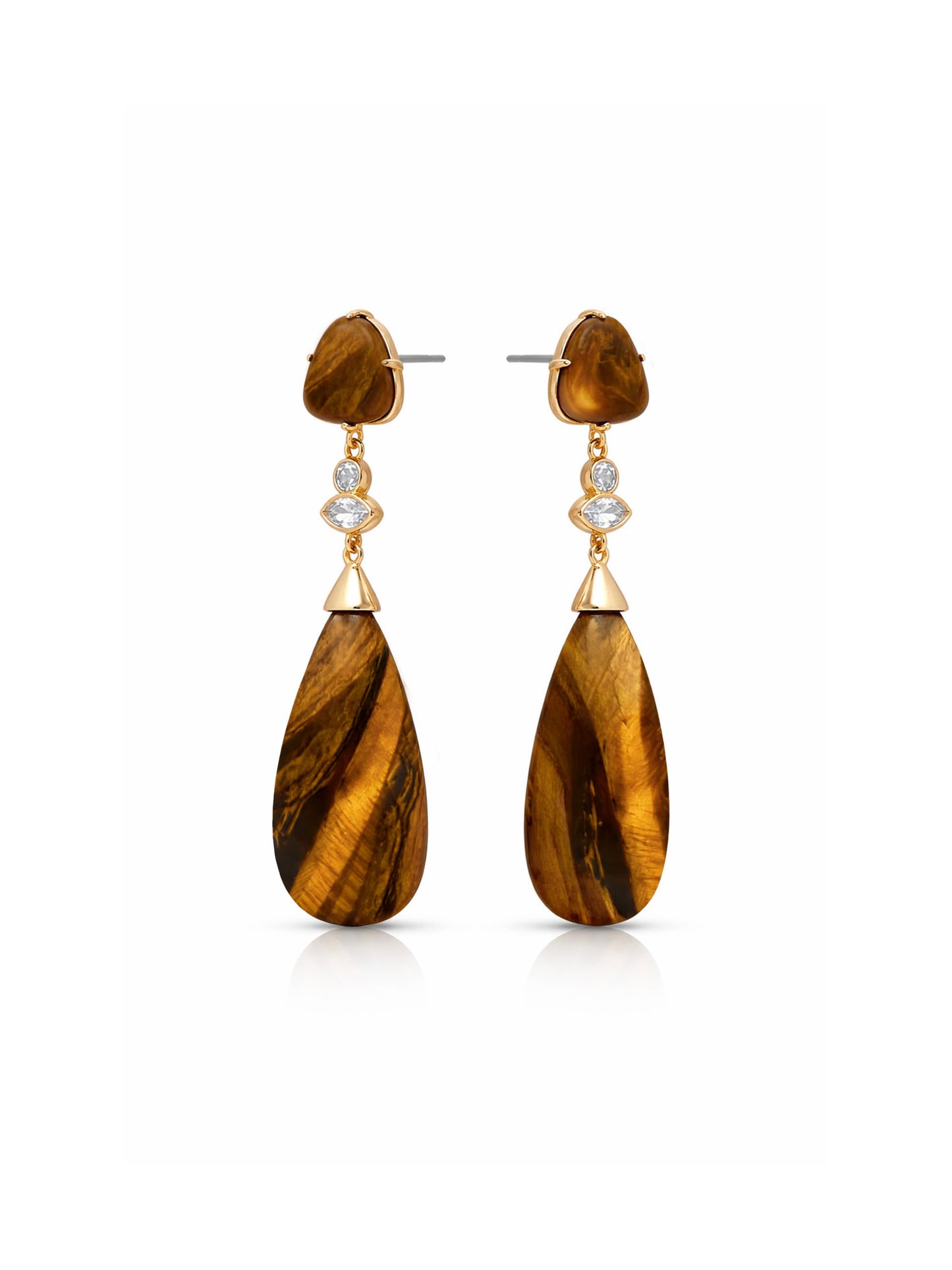 A pair of gold drop earrings featuring teardrop-shaped brown tiger's eye stones and small clear crystal accents, shown on a clean white background.