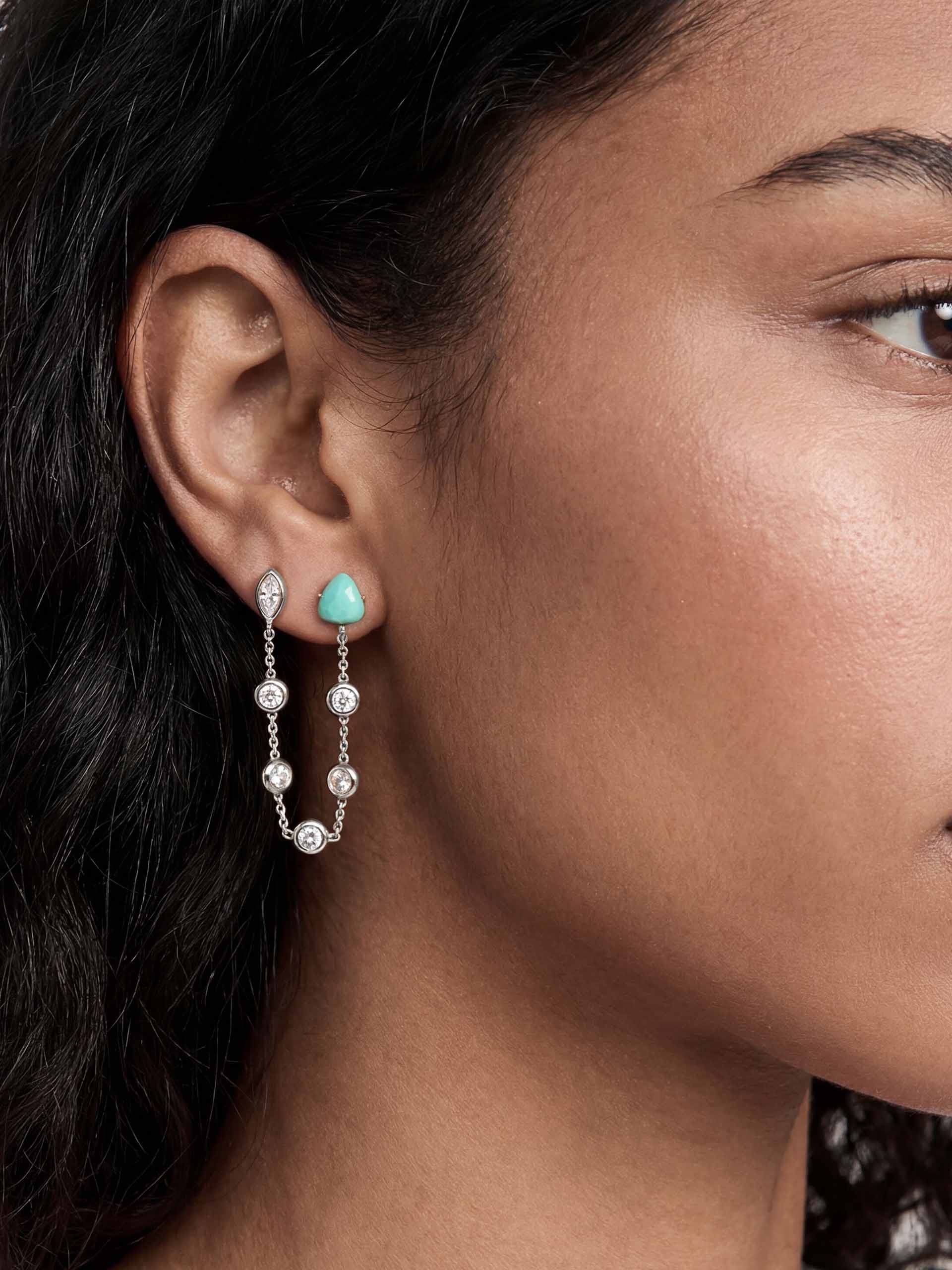 Double Piercing Turquoise Earrings Turquoise with Silver Plating 2