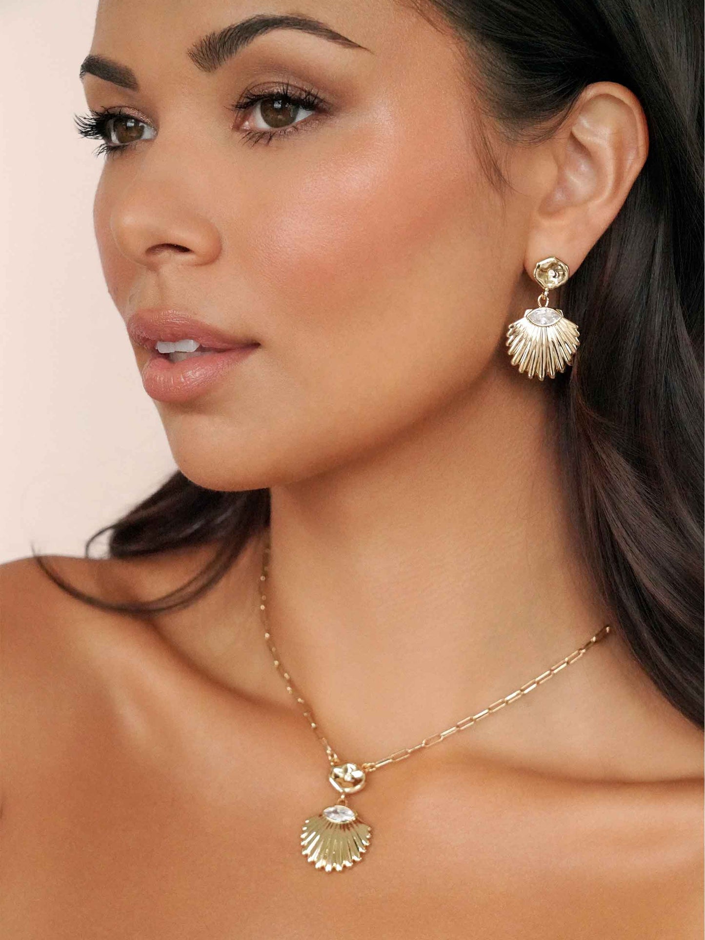 Santorini Shell Drop Earrings on model 5