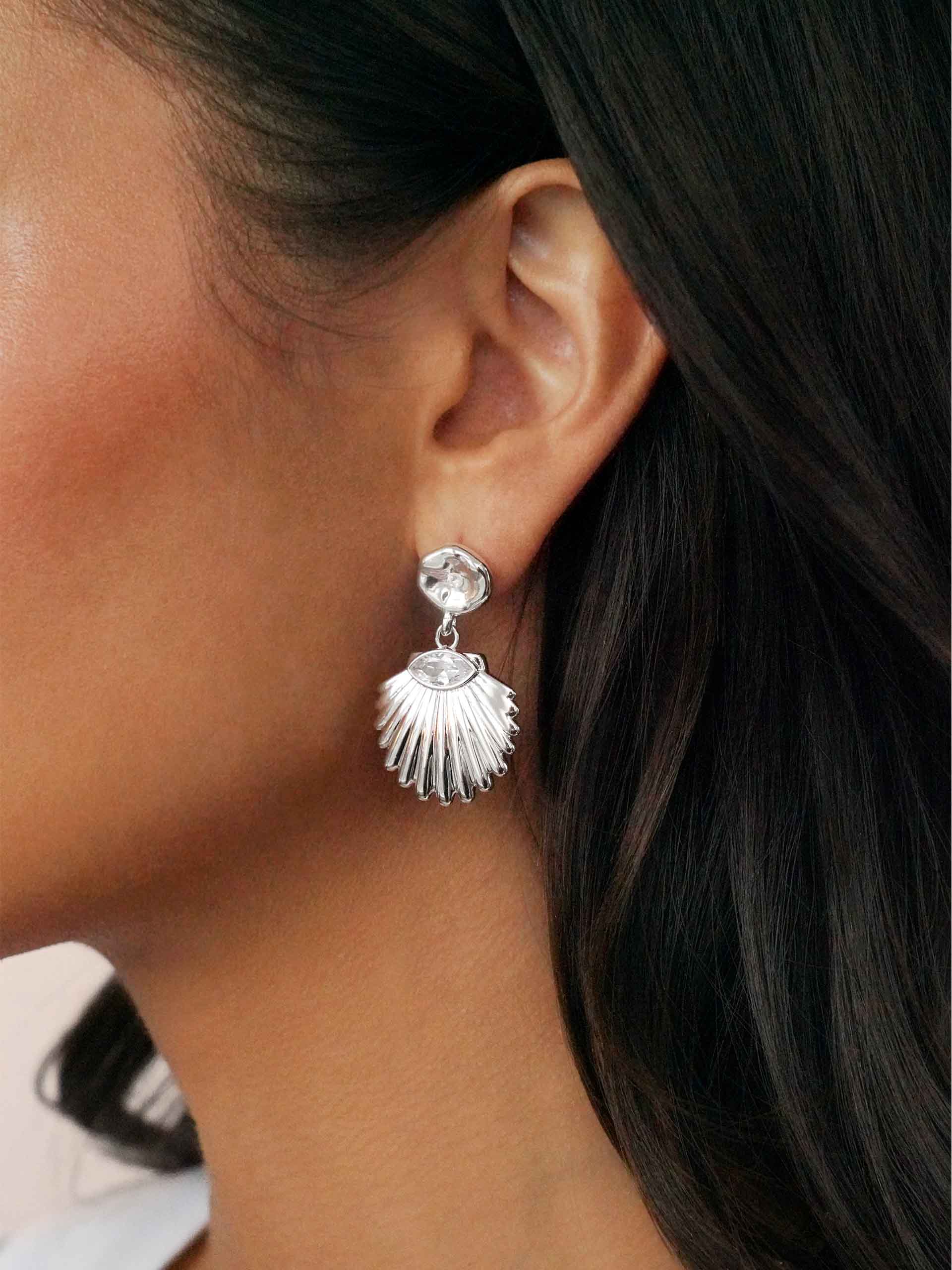 Santorini Shell Drop Earrings on model 3