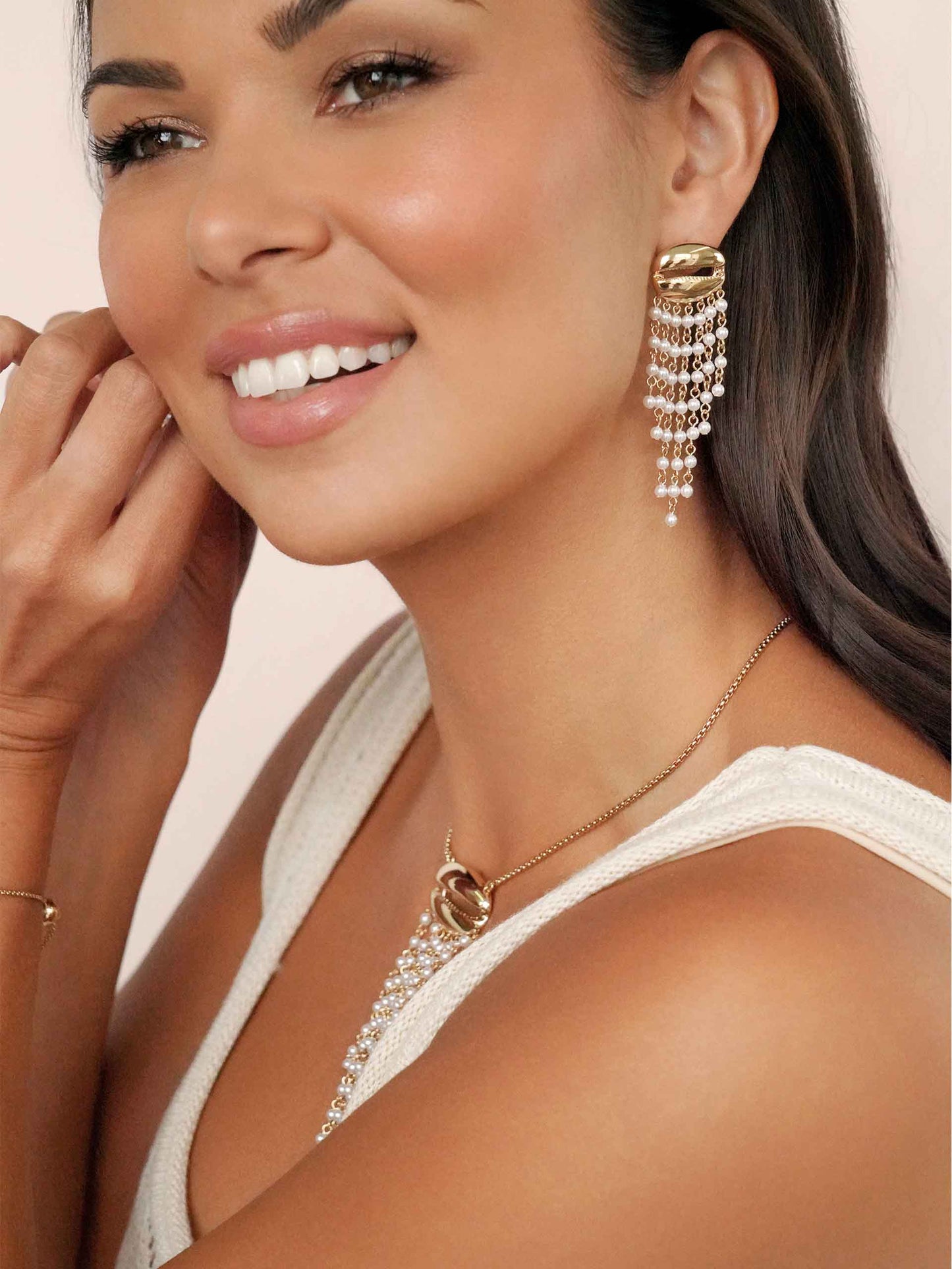 Mykonos Shell Dangle Earrings on model 5