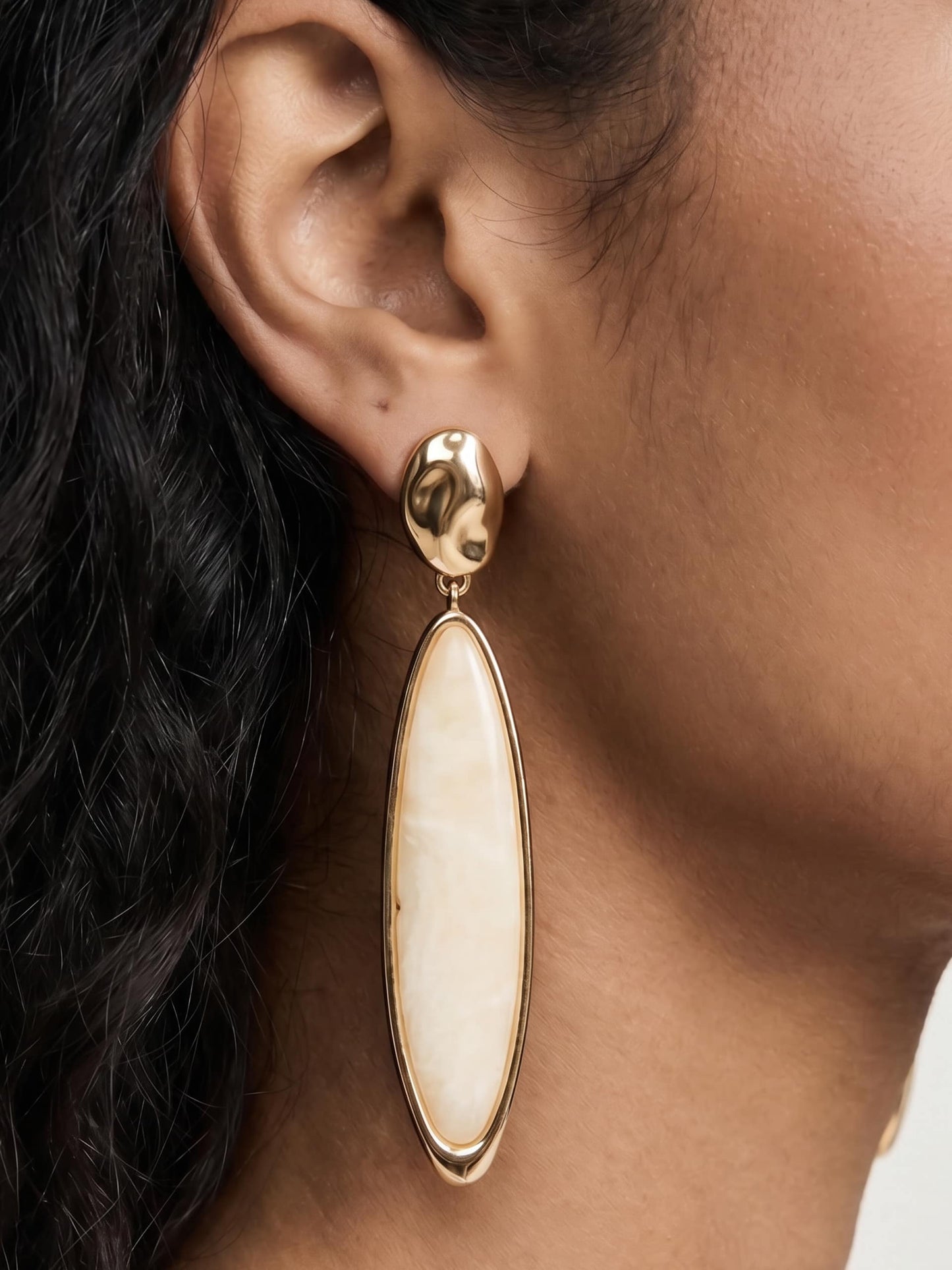 Elongated Drop Earrings in Bone Acrylic with 18k Gold Plating model 2