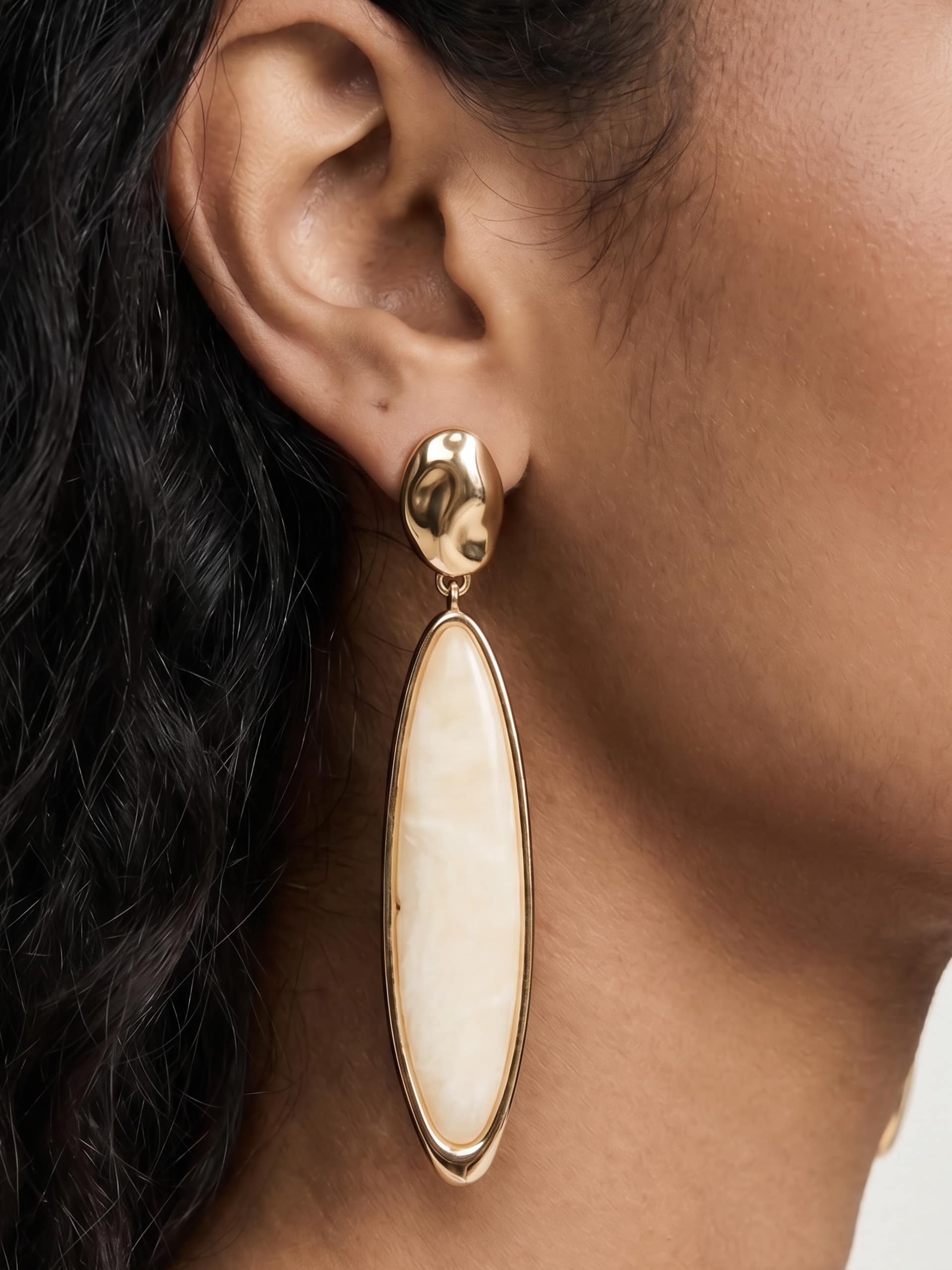 Elongated Drop Earrings in Bone Acrylic with 18k Gold Plating model 2