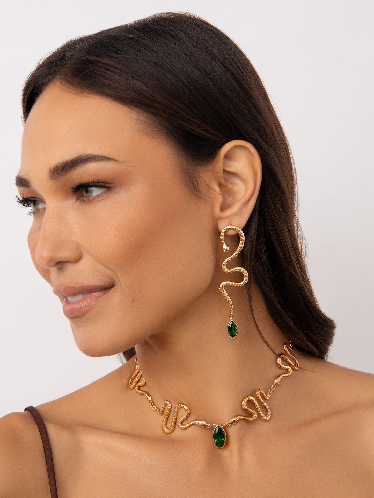 Serpentina Statement Earrings Emerald Crystal with 18k Gold Plating model 3