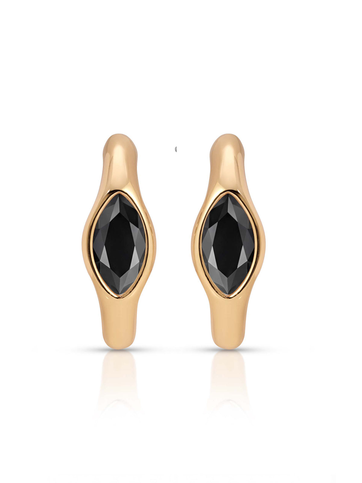 Pair of sculptural gold hoop earrings with faceted black gemstone centers, shown front-facing and in profile on a clean white background.