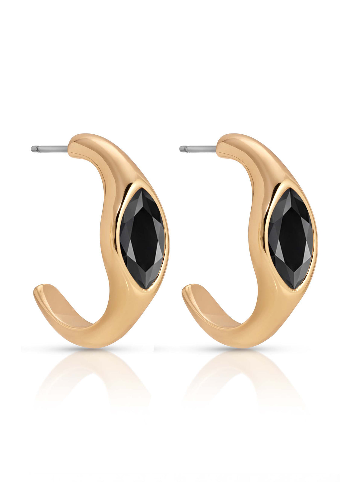 Pair of sculptural gold hoop earrings with faceted black gemstone centers, shown front-facing and in profile on a clean white background.