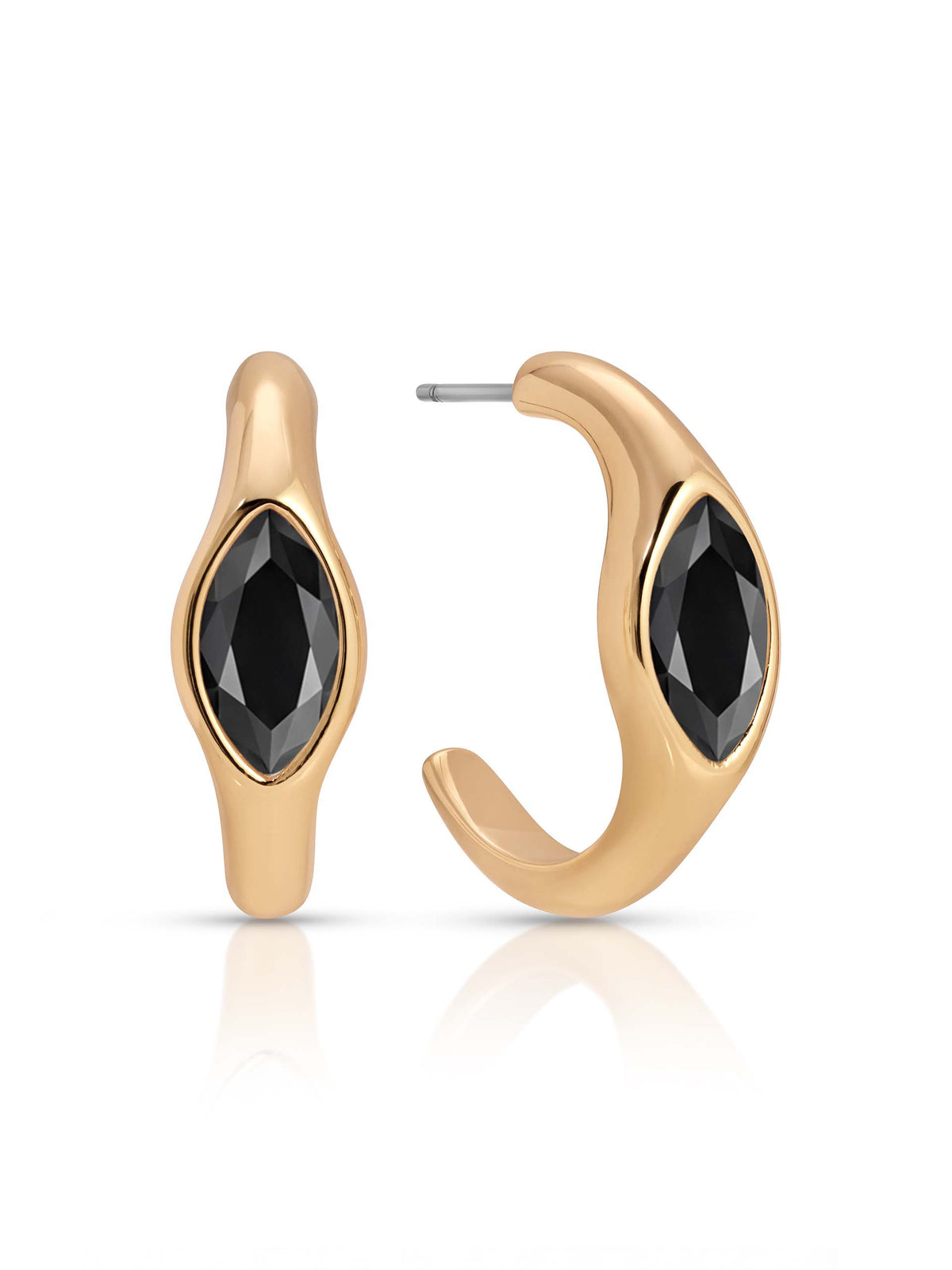 Pair of sculptural gold hoop earrings with faceted black gemstone centers, shown front-facing and in profile on a clean white background.