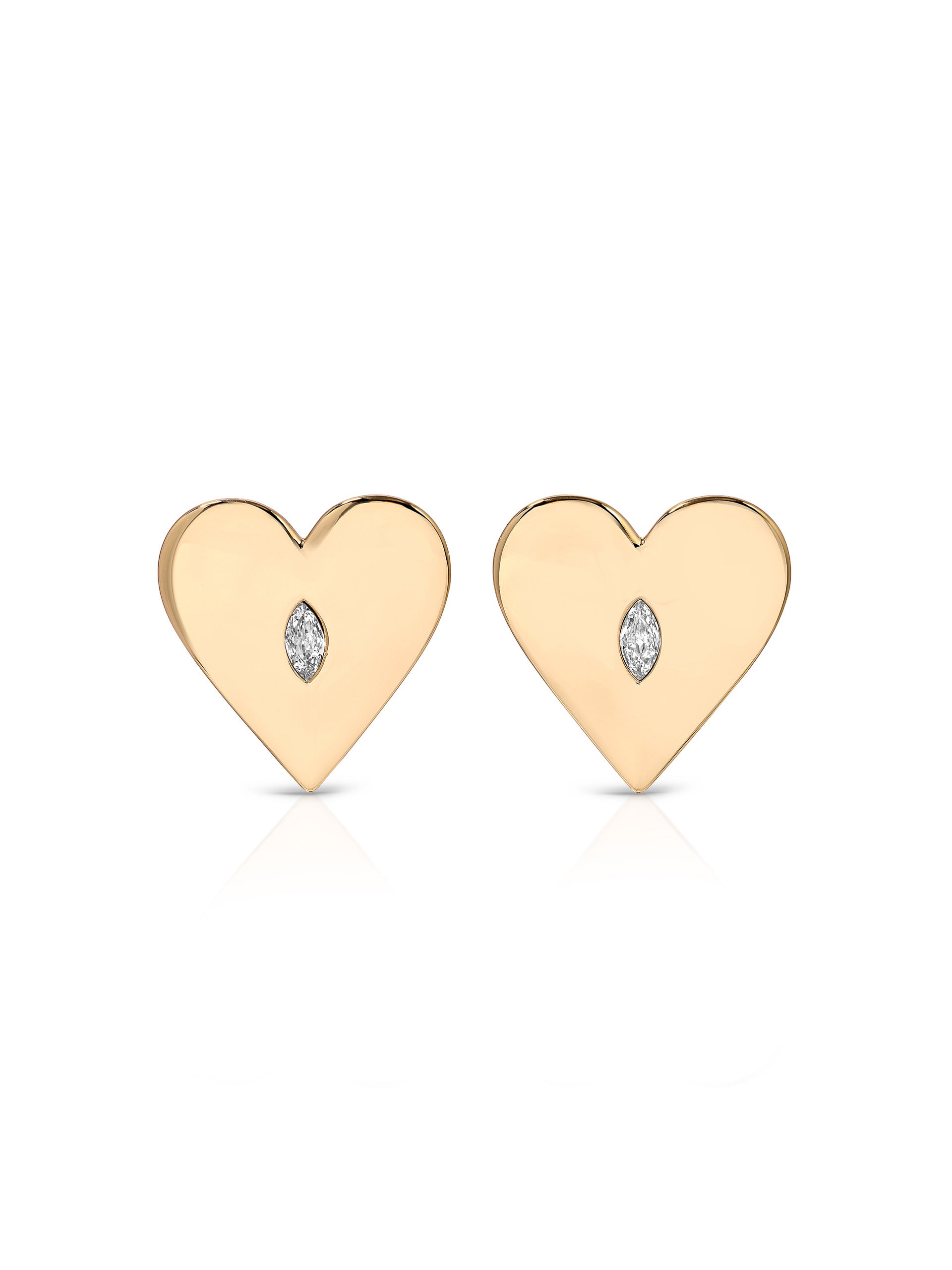 Pair of polished gold heart-shaped earrings, each set with a sparkling diamond at the center, displayed on a clean white background.