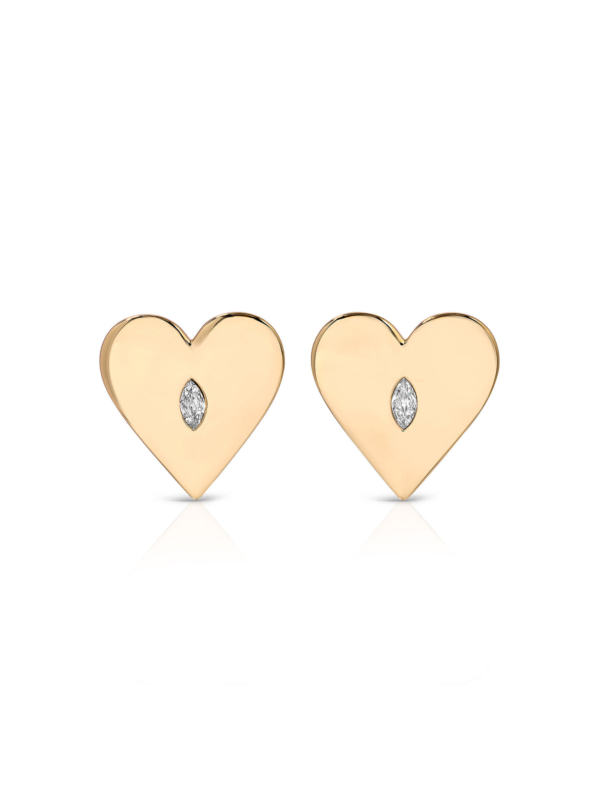 Pair of polished gold heart-shaped earrings, each set with a sparkling diamond at the center, displayed on a clean white background.