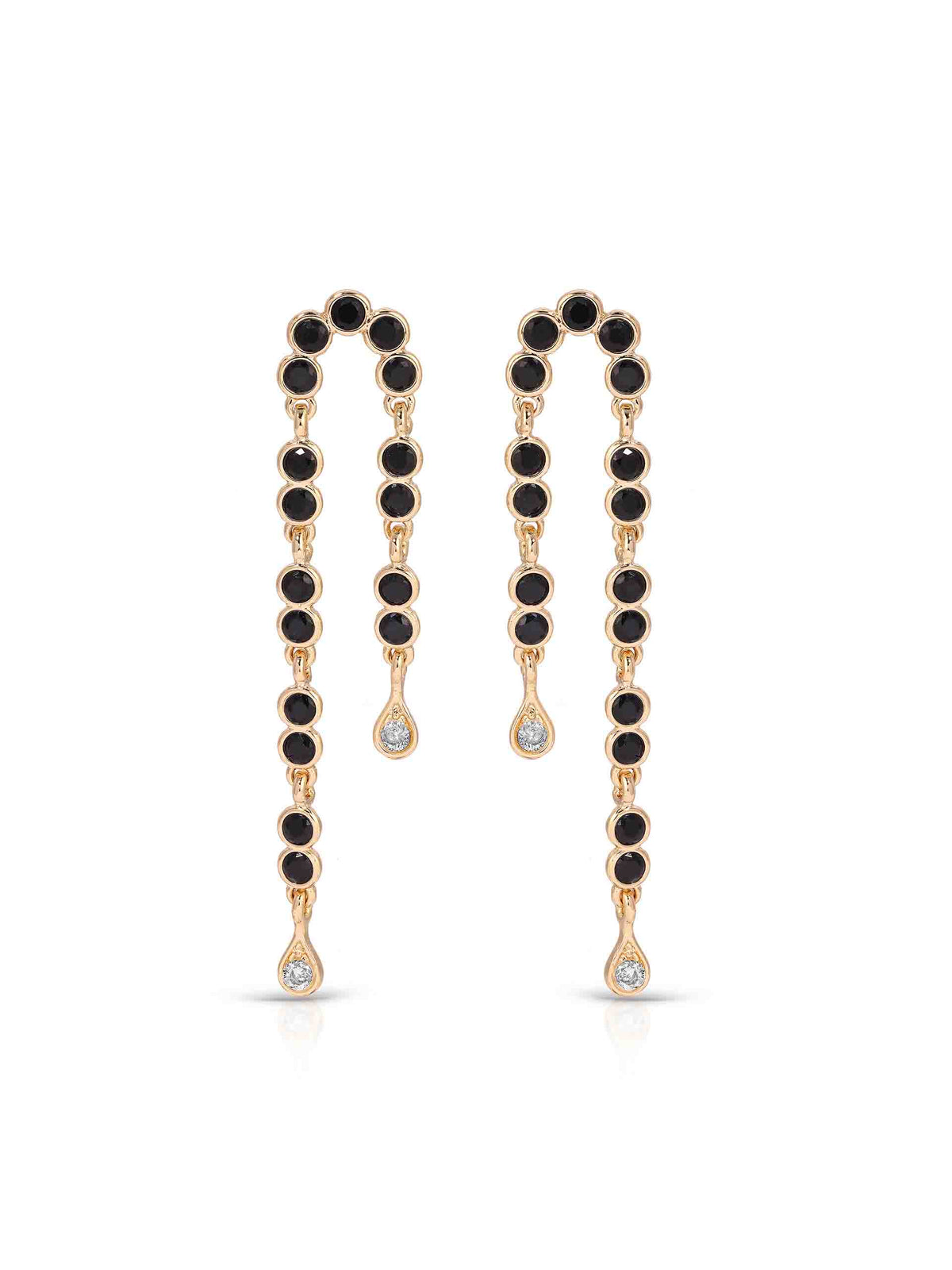 Pair of elegant gold drop earrings with oval black gemstones, delicate links, and sparkling teardrop accents, photographed on a white background.