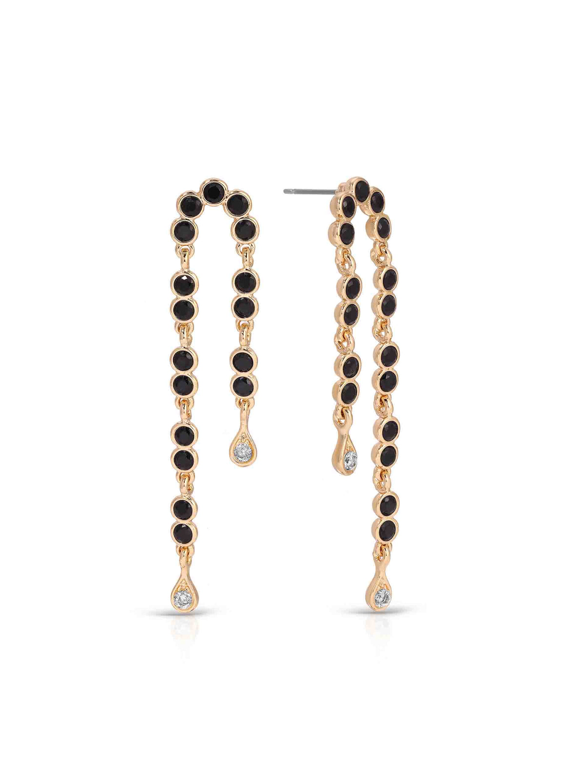 Pair of elegant gold drop earrings with oval black gemstones, delicate links, and sparkling teardrop accents, photographed on a white background.