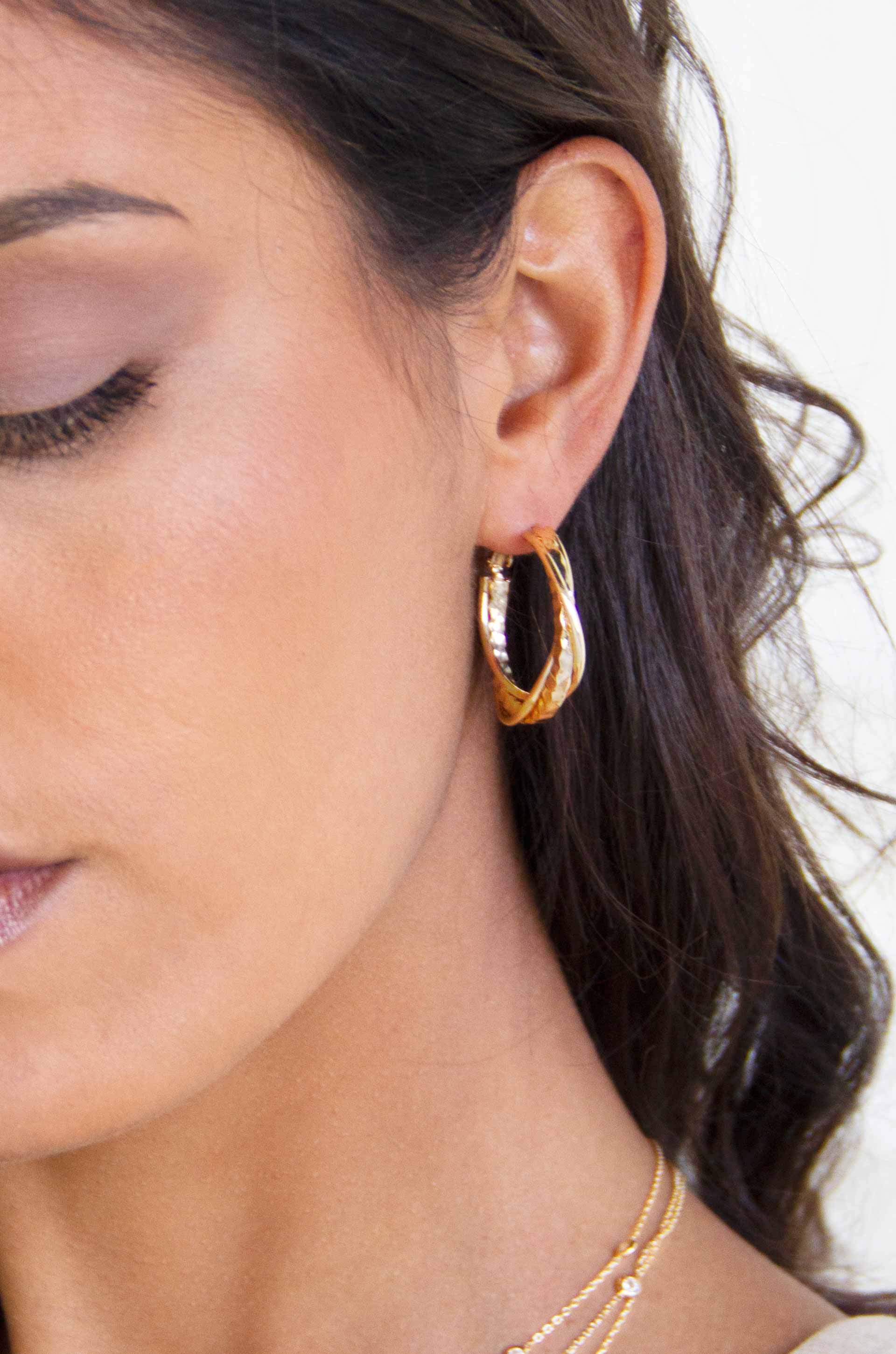 Twisted Golden 18k Gold Plated Hoops on model