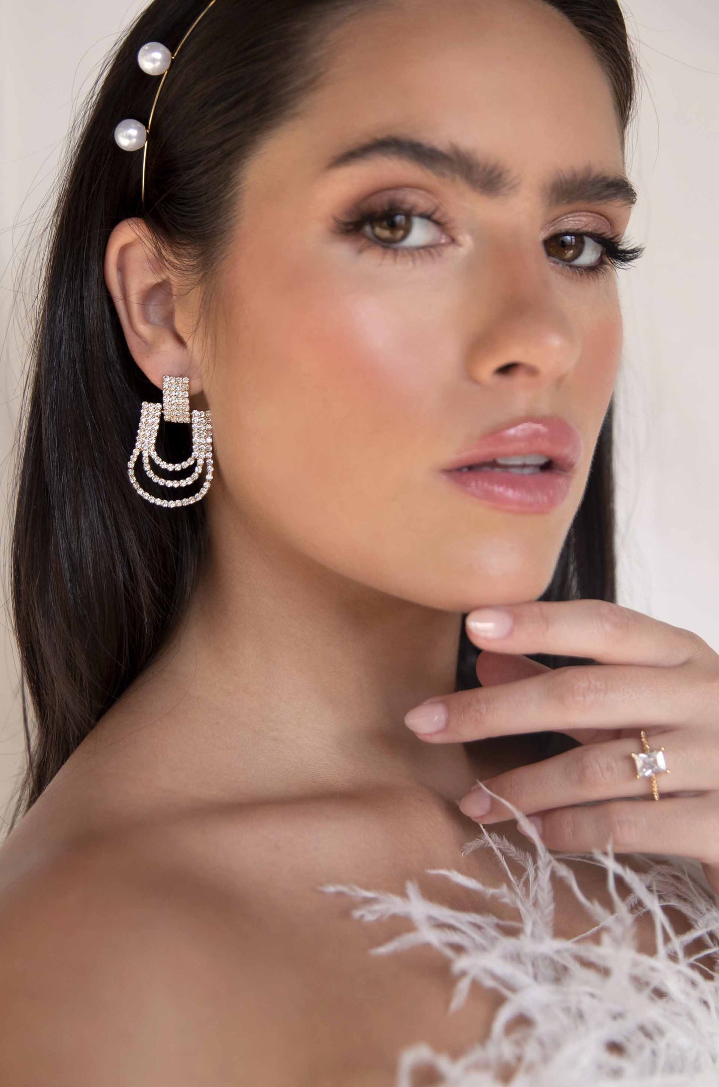 True Beauty Crystal 18k Gold Plated Dangle Earrings on model