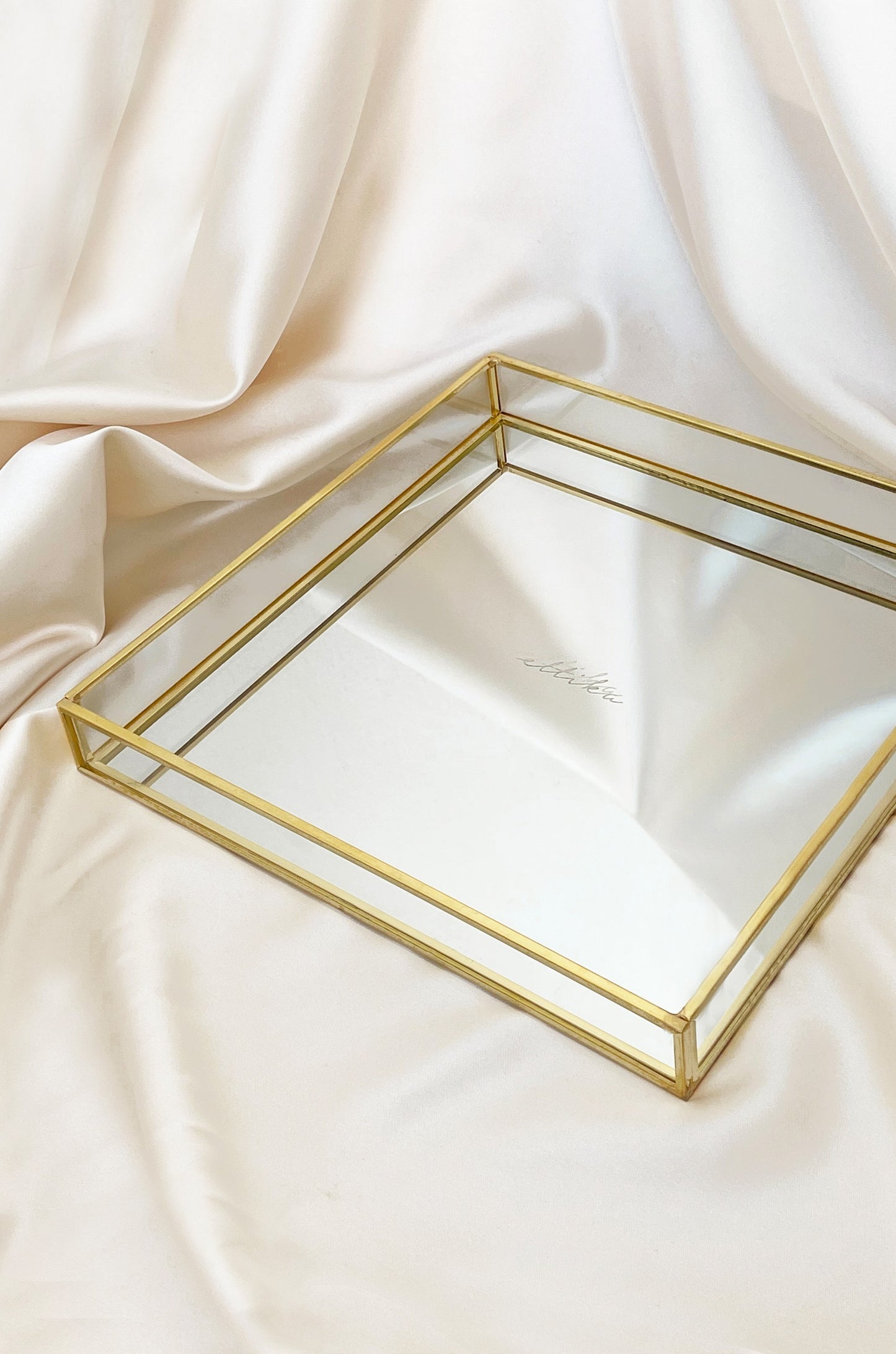 Large Square Mirror Bottom Jewelry and Display Tray on satin