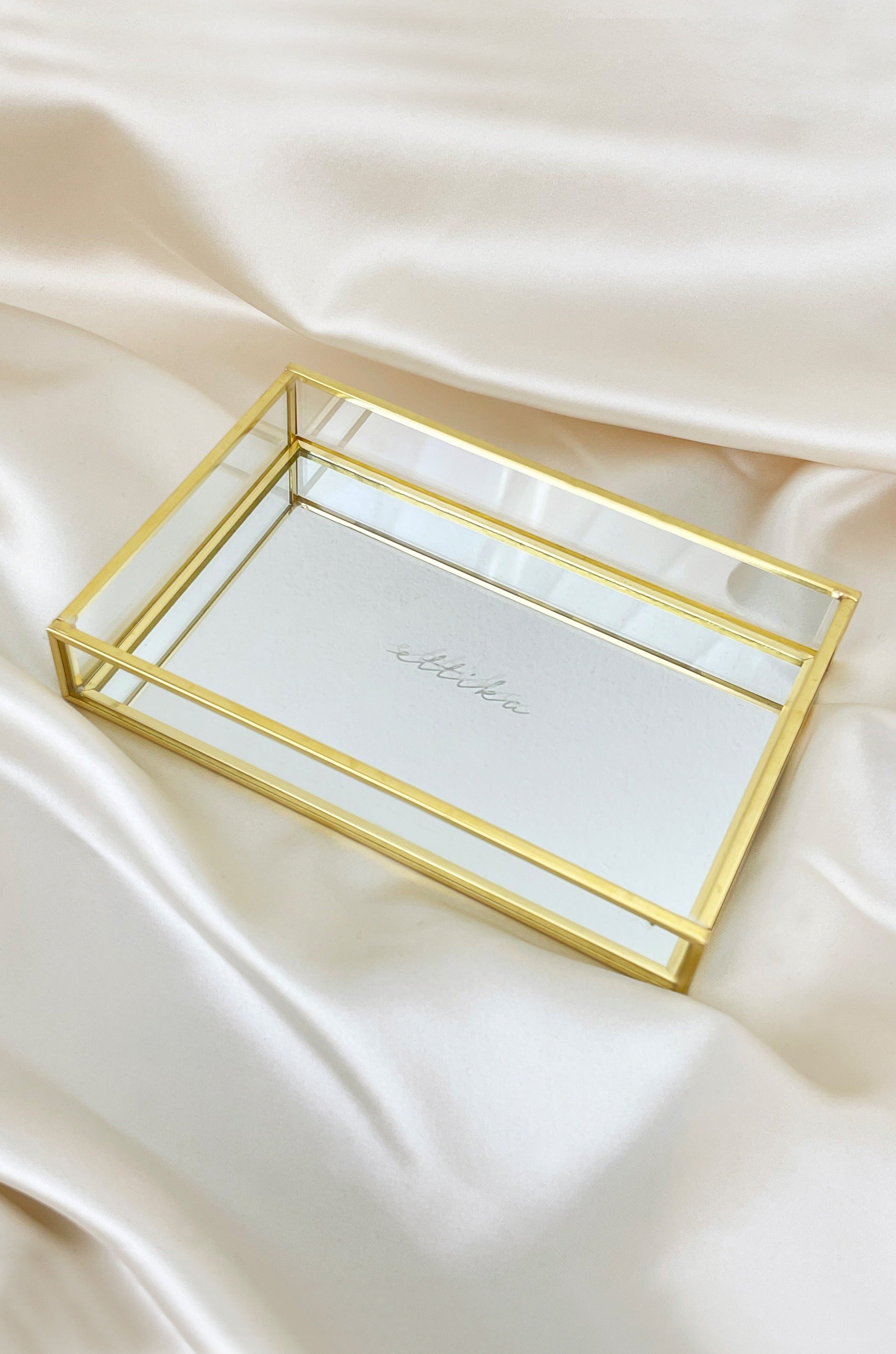 Rectangle Mirror Bottom Jewelry and Display Tray on satin