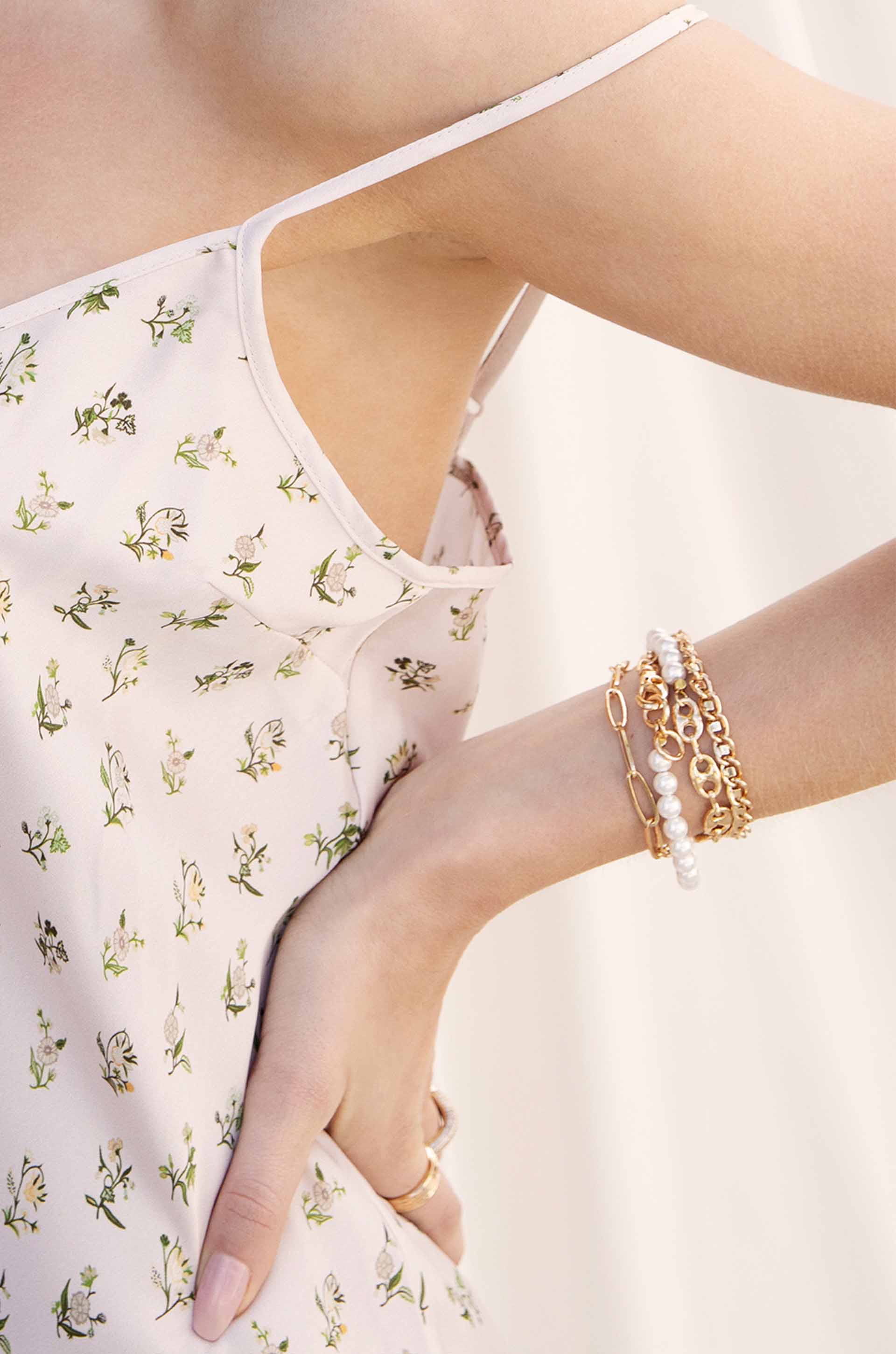 Pearl and 18k Gold Plated Modern Chain Link Wrap Bracelet ON A MODEL