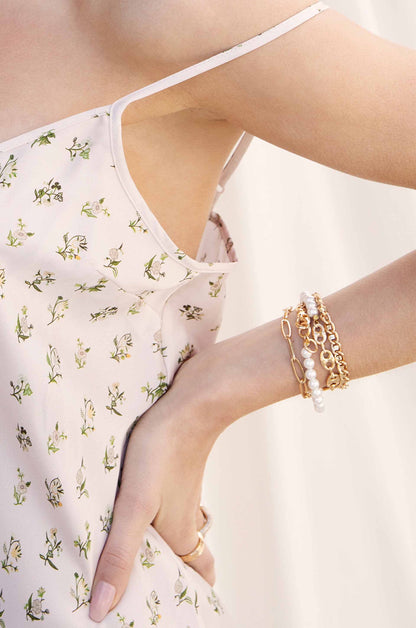 Pearl and 18k Gold Plated Modern Chain Link Wrap Bracelet ON A MODEL